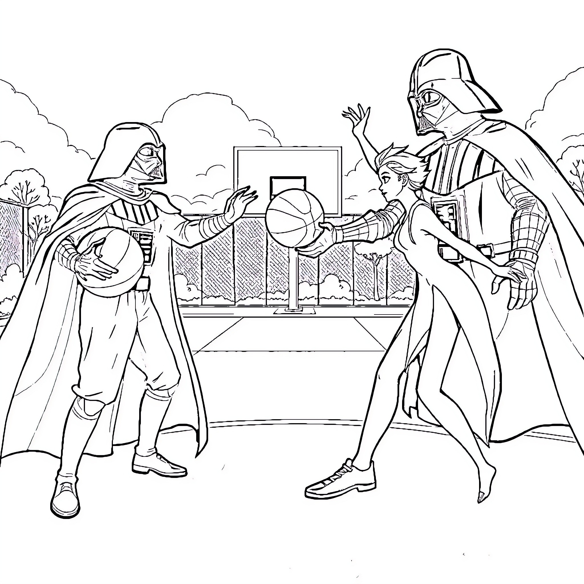 Elsa's Encounter with Darth Vader and Stormtroopers Coloring Page (free black-and-white line drawing printable PDF for all, from beginners to advanced learners, including children, teens, adults, and seniors)