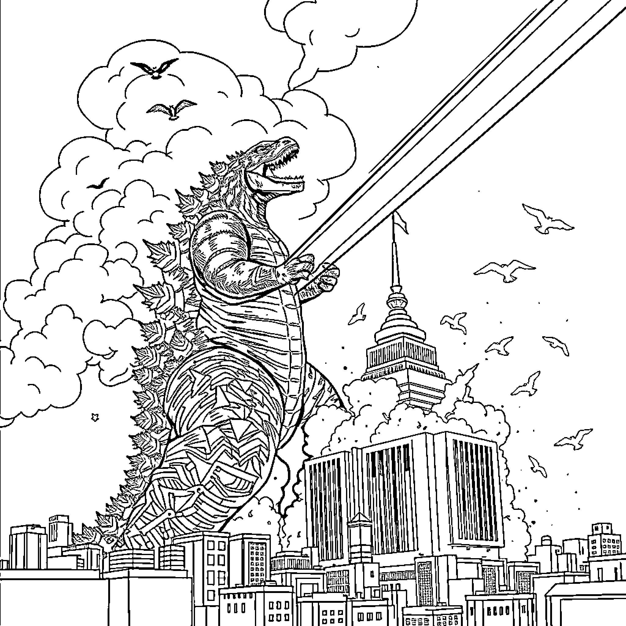 Godzilla attacking the city with skyscrapers Coloring Page (free black-and-white line drawing printable PDF for all, from beginners to advanced learners, including children, teens, adults, and seniors)