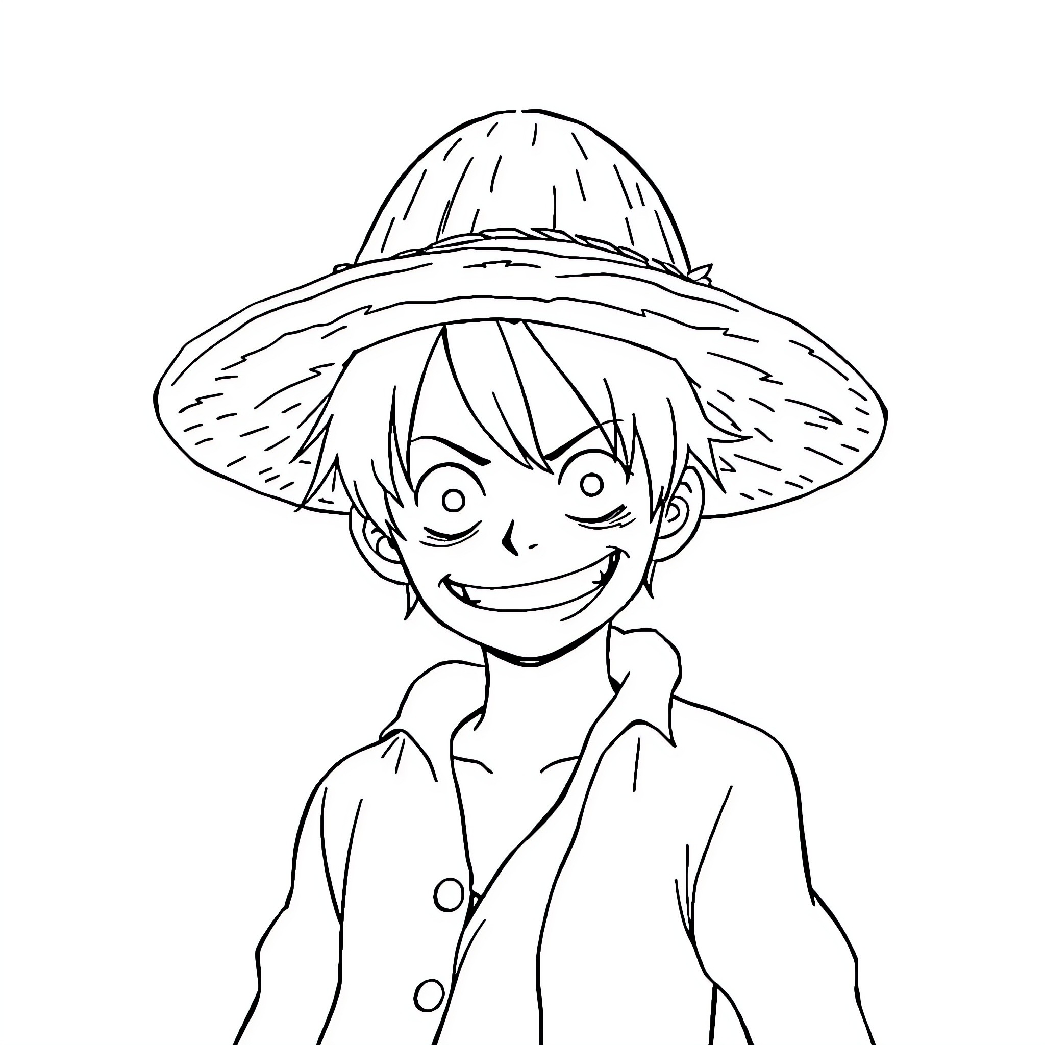 Luffy wearing a straw hat and smiling happily Coloring Page (free black-and-white line drawing printable PDF for all, from beginners to advanced learners, including children, teens, adults, and seniors)