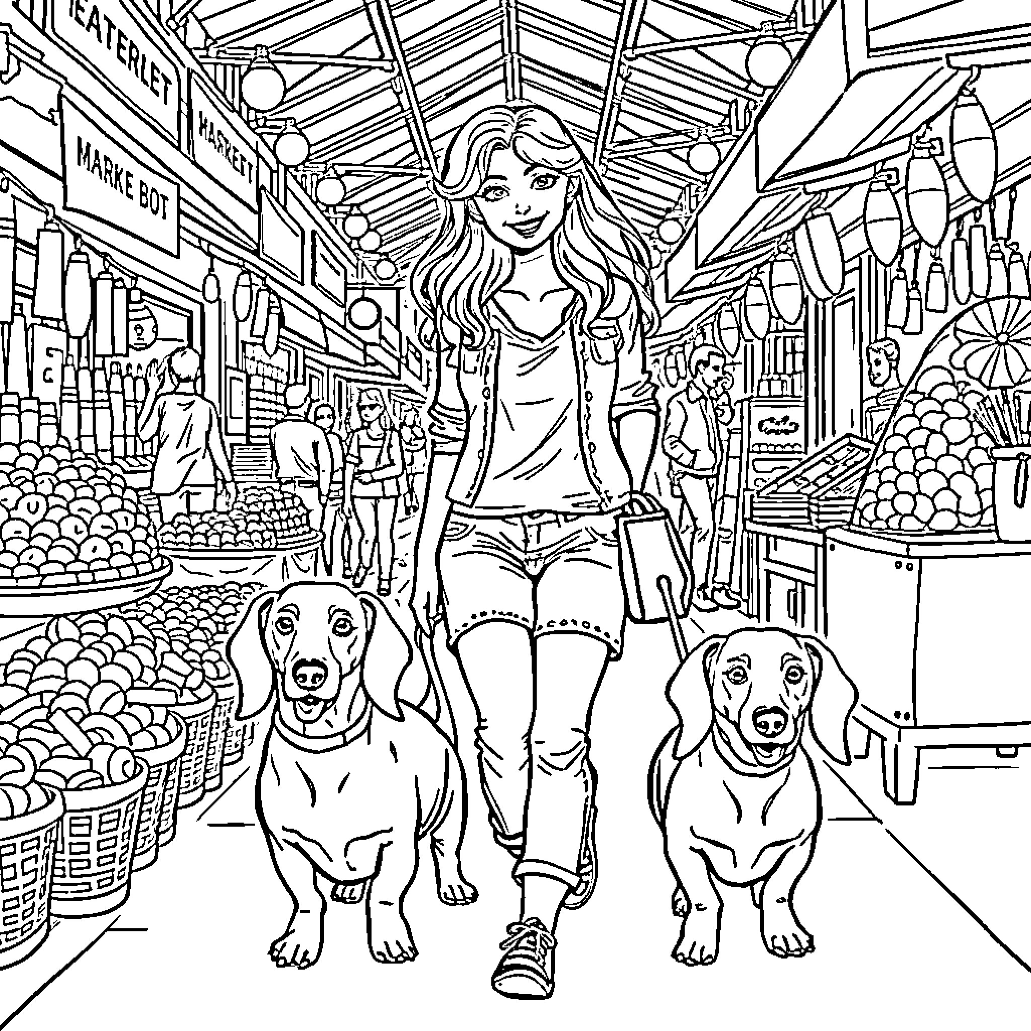 Woman exploring a bustling market with her dogs Coloring Page (free black-and-white line drawing printable PDF for all, from beginners to advanced learners, including children, teens, adults, and seniors)