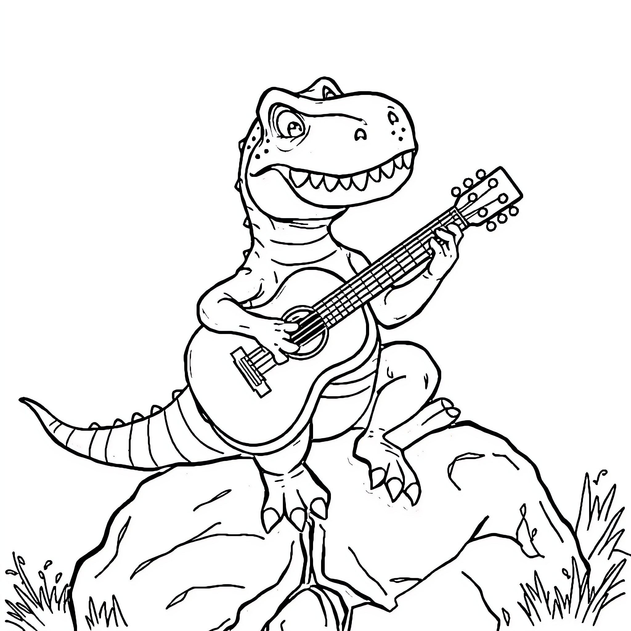 T-Rex Playing Guitar on Rocks Coloring Page (free black-and-white line drawing printable PDF for all, from beginners to advanced learners, including children, teens, adults, and seniors)