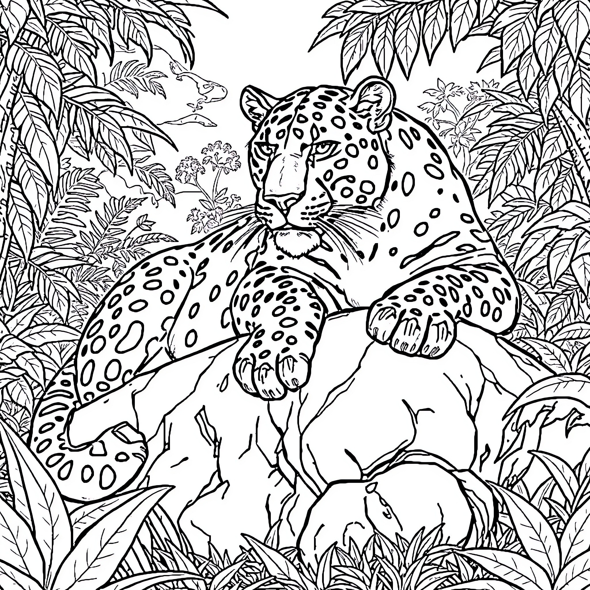Panther lounging in lush jungle foliage Coloring Page (free black-and-white line drawing printable PDF for all, from beginners to advanced learners, including children, teens, adults, and seniors)