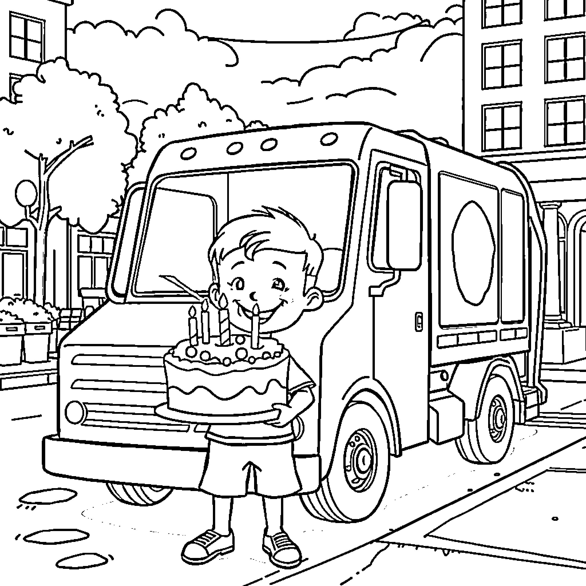 Trash Truck Driver Celebrating Birthday on the Job Coloring Page (free black-and-white line drawing printable PDF for all, from beginners to advanced learners, including children, teens, adults, and seniors)