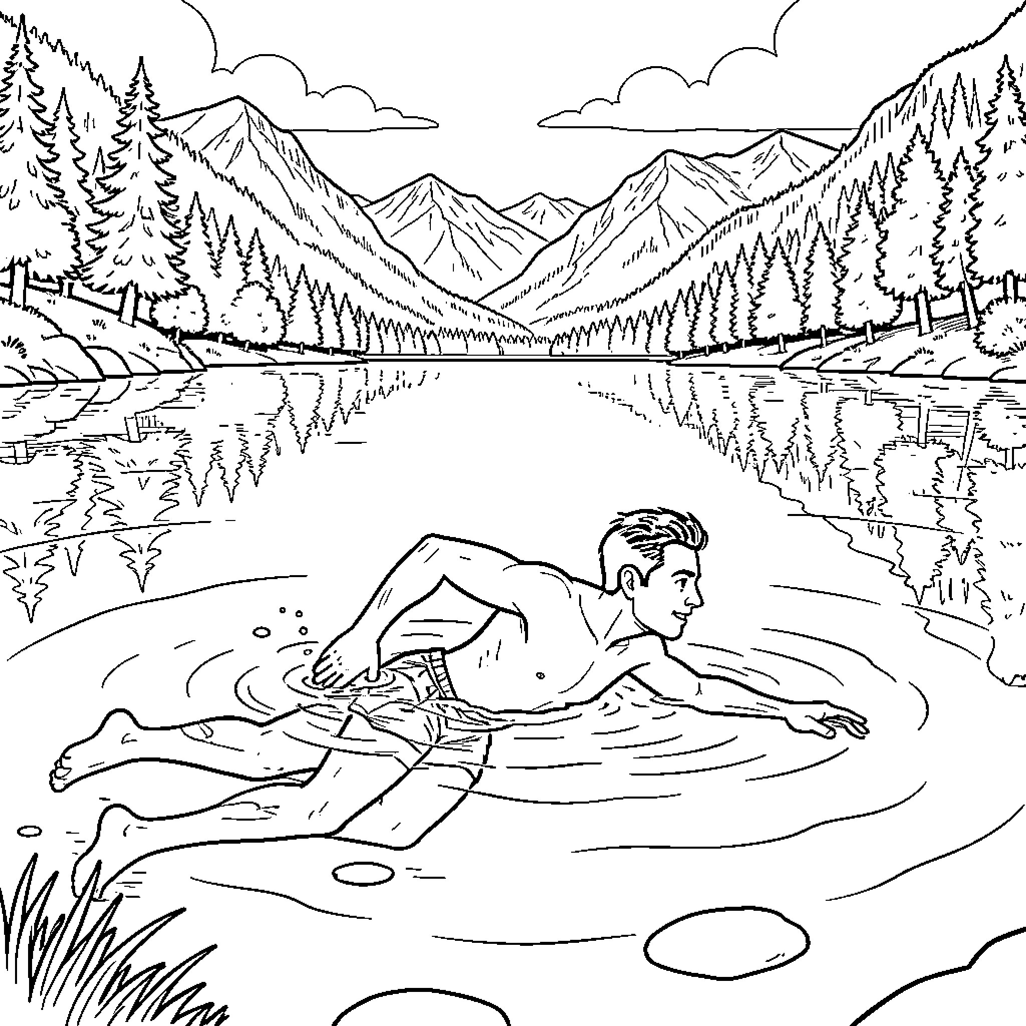Marcus swimming through a calm mountain lake Coloring Page (free black-and-white line drawing printable PDF for all, from beginners to advanced learners, including children, teens, adults, and seniors)