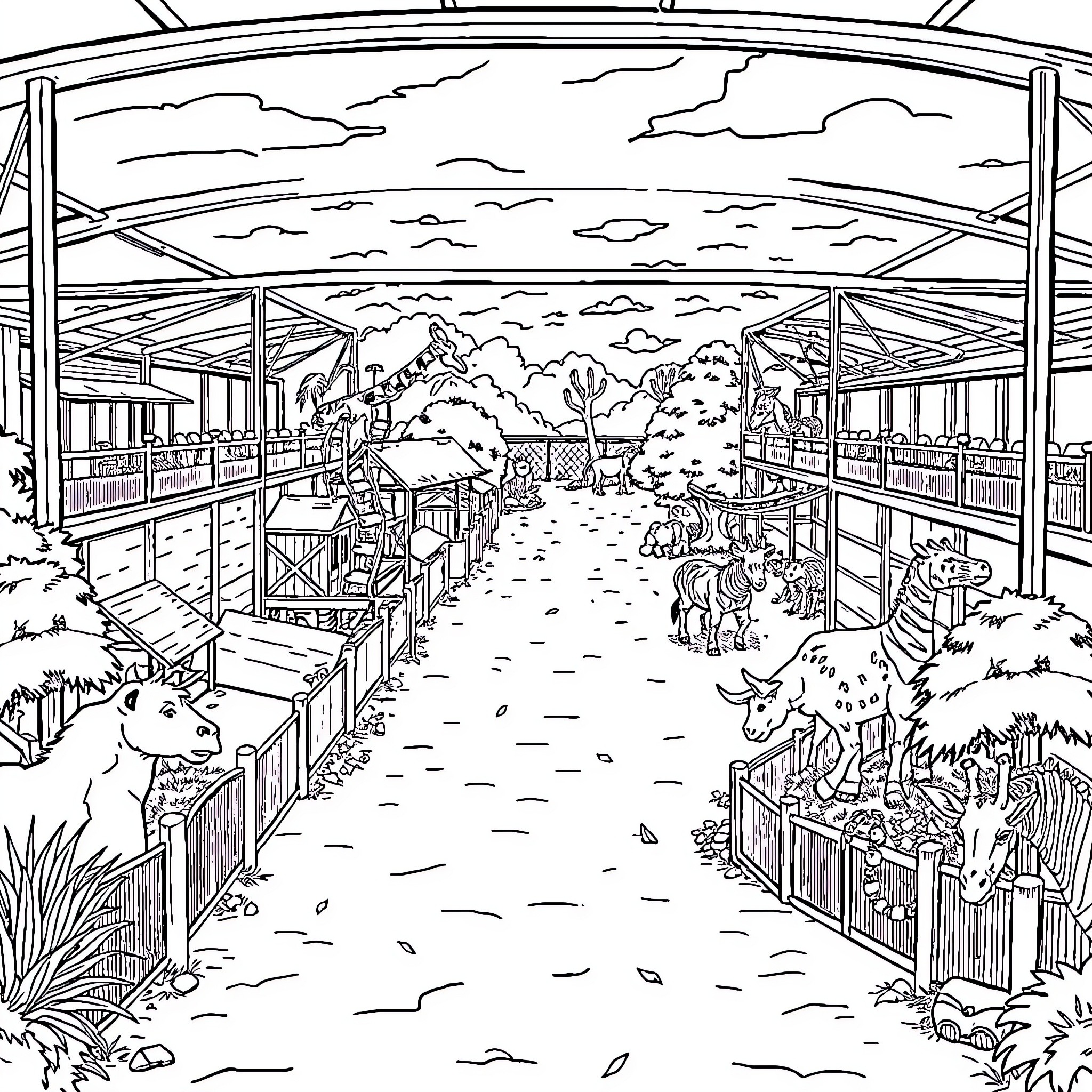 Zoo with diverse animals and enclosures Coloring Page (free black-and-white line drawing printable PDF for all, from beginners to advanced learners, including children, teens, adults, and seniors)