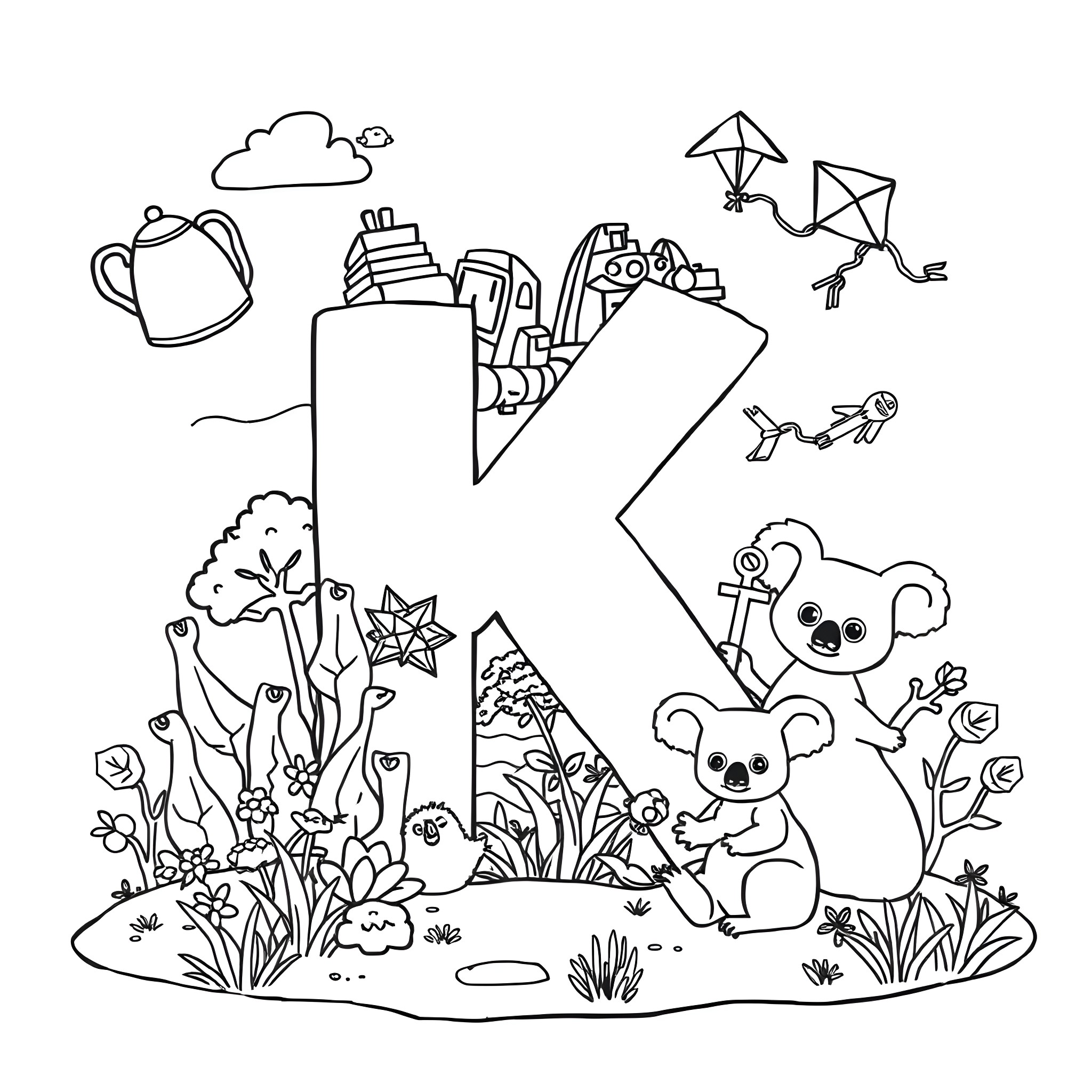Letter K with playful animals and nature elements Coloring Page (free black-and-white line drawing printable PDF for all, from beginners to advanced learners, including children, teens, adults, and seniors)