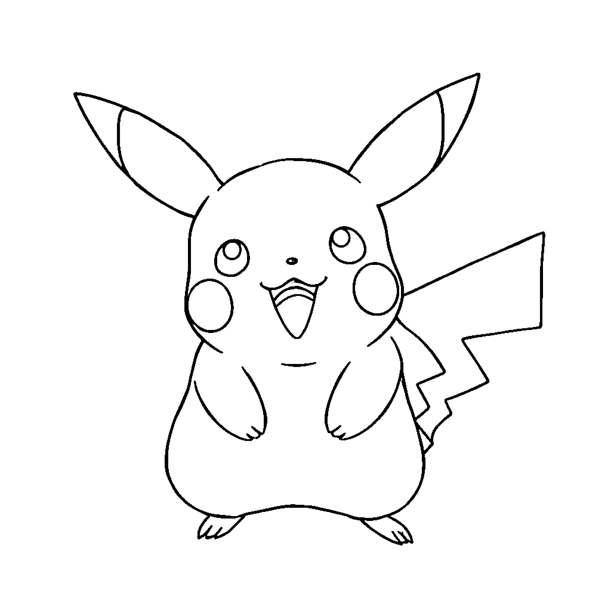 Pikachu sitting with a cheerful expression Coloring Page (free black-and-white line drawing printable PDF for all, from beginners to advanced learners, including children, teens, adults, and seniors)
