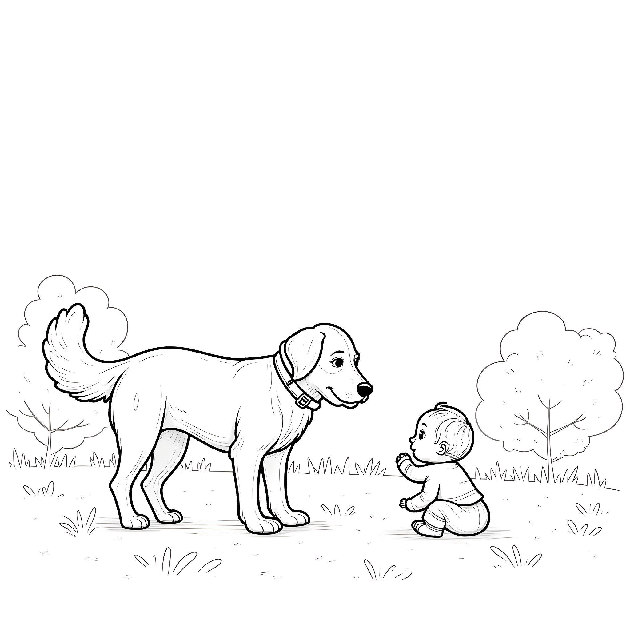 Dog and child playing in the park Coloring Page (free black-and-white line drawing printable PDF for all, from beginners to advanced learners, including children, teens, adults, and seniors)