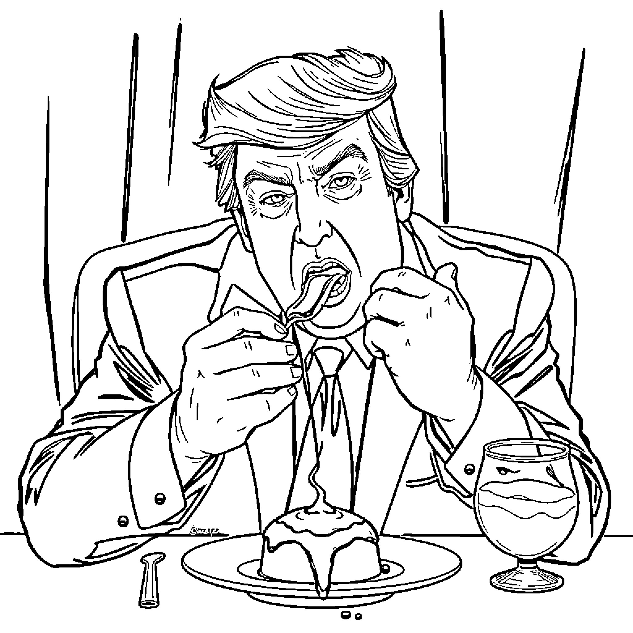 Donald Trump Enjoying Dinner with Disapproval Coloring Page (free black-and-white line drawing printable PDF for all, from beginners to advanced learners, including children, teens, adults, and seniors)