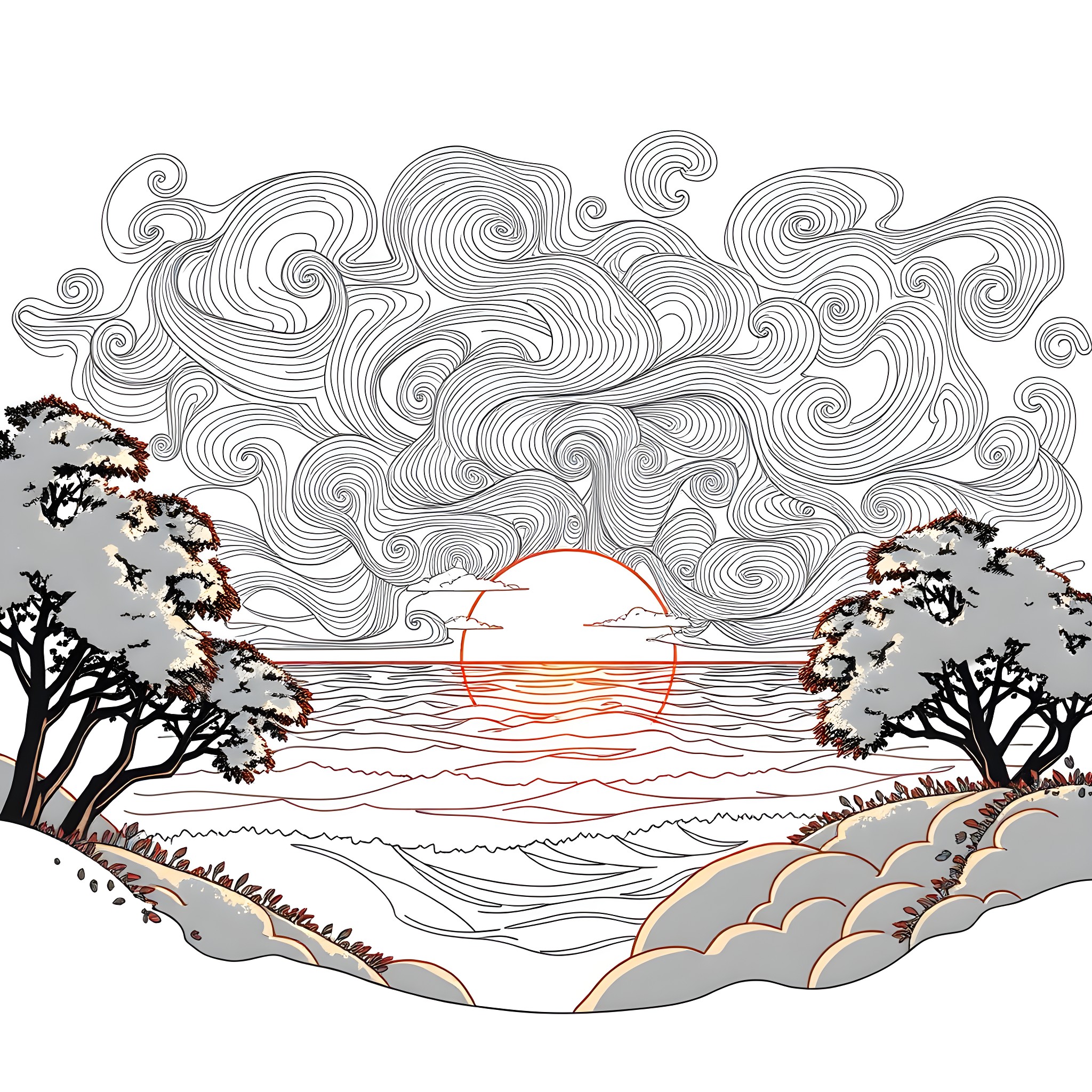 Sunset over a serene landscape with clouds Coloring Page (free black-and-white line drawing printable PDF for all, from beginners to advanced learners, including children, teens, adults, and seniors)