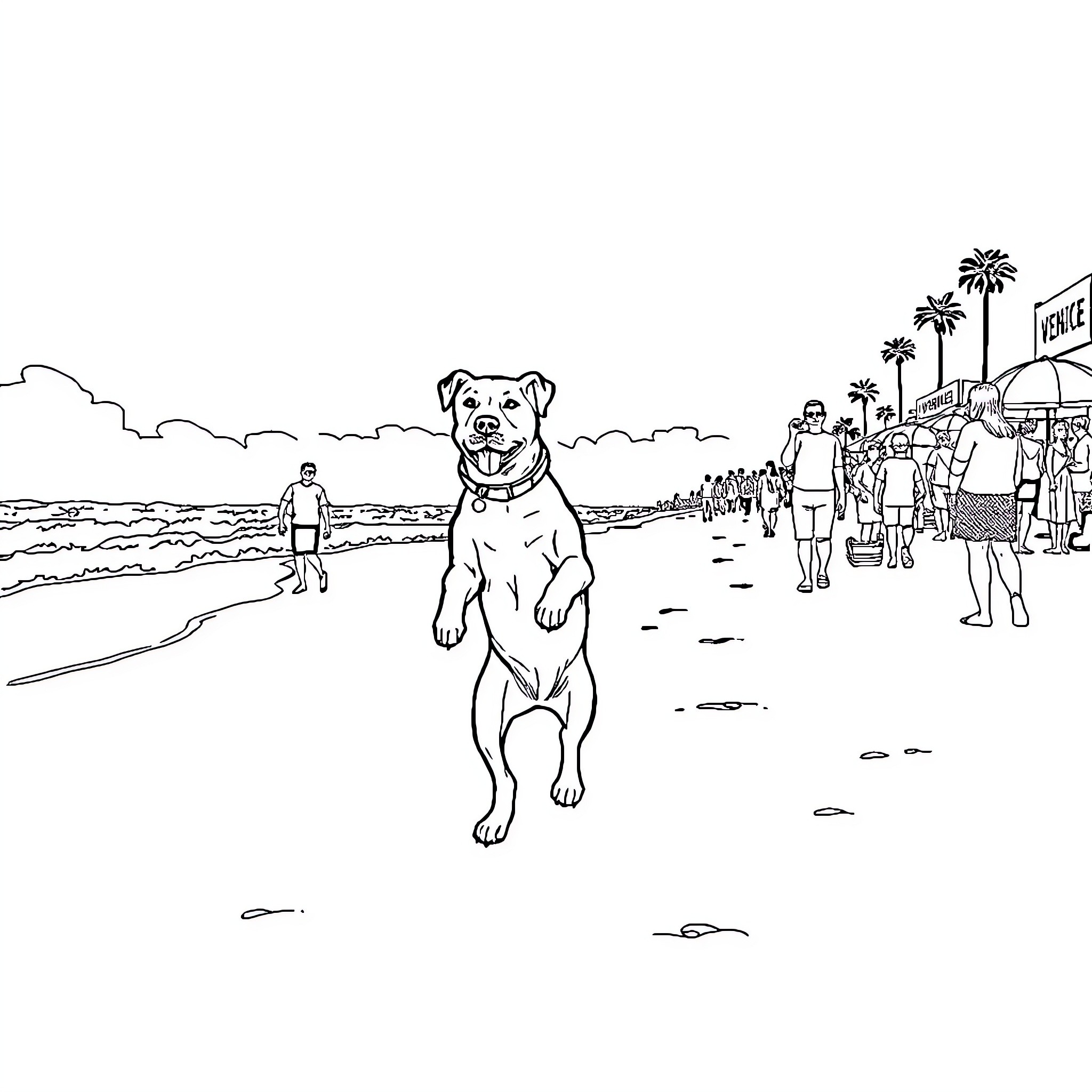 Dog playing on the beach with people Coloring Page (free black-and-white line drawing printable PDF for all, from beginners to advanced learners, including children, teens, adults, and seniors)
