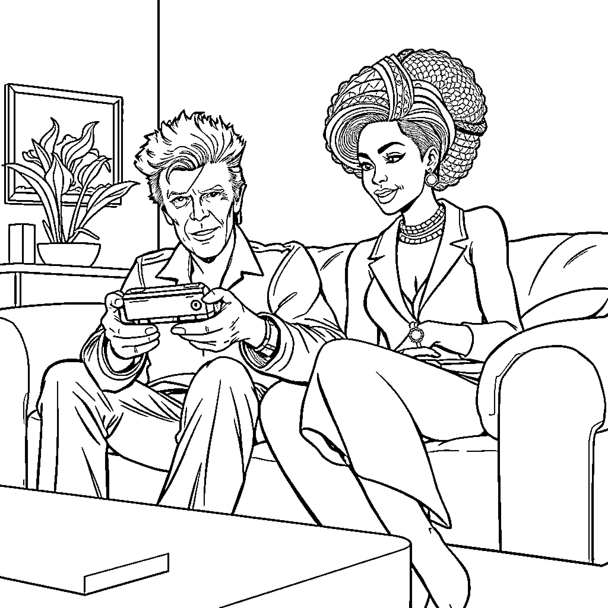 David Bowie playing video games with a stylish woman Coloring Page (free black-and-white line drawing printable PDF for all, from beginners to advanced learners, including children, teens, adults, and seniors)