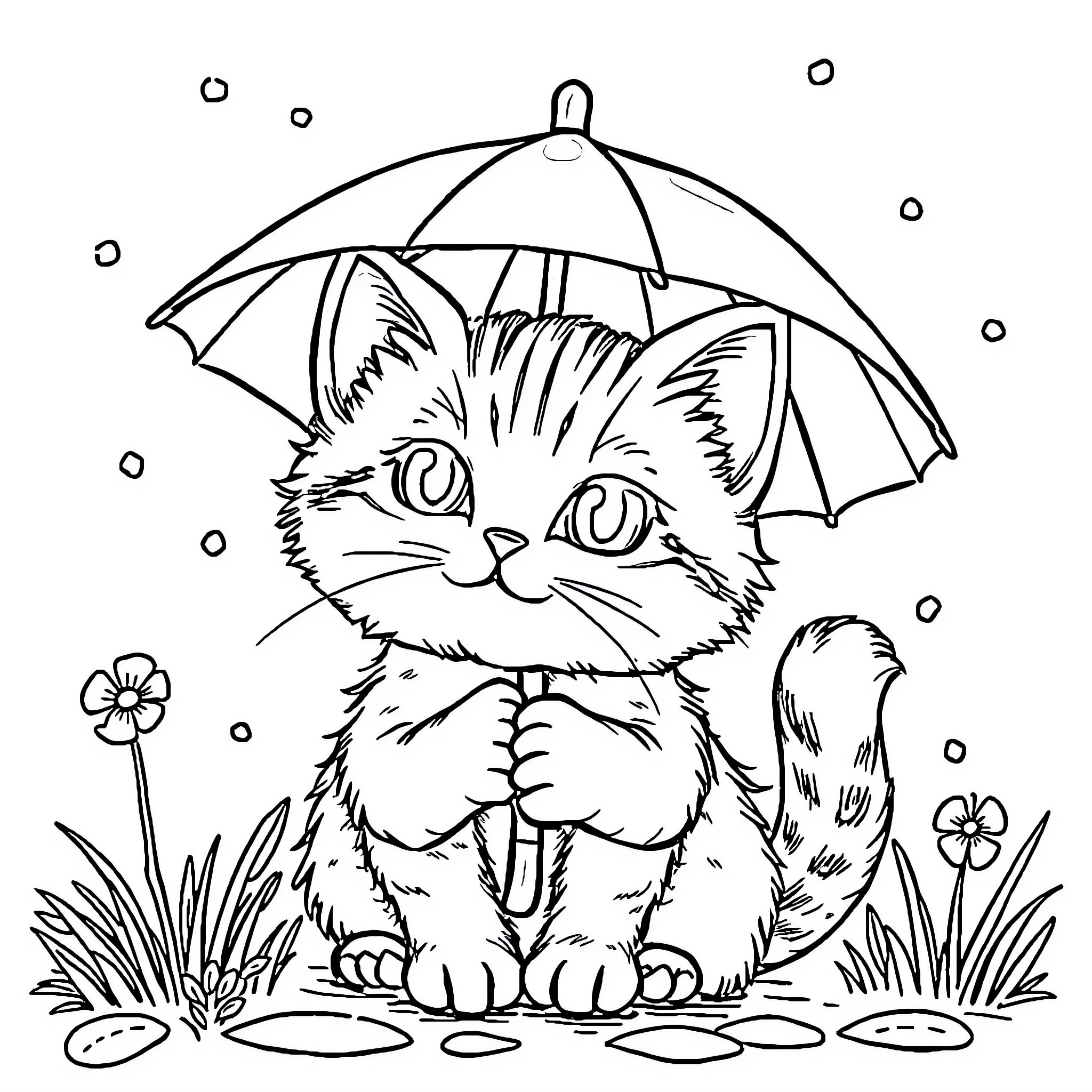 Cat playing in the rain under an umbrella Coloring Page (free black-and-white line drawing printable PDF for all, from beginners to advanced learners, including children, teens, adults, and seniors)