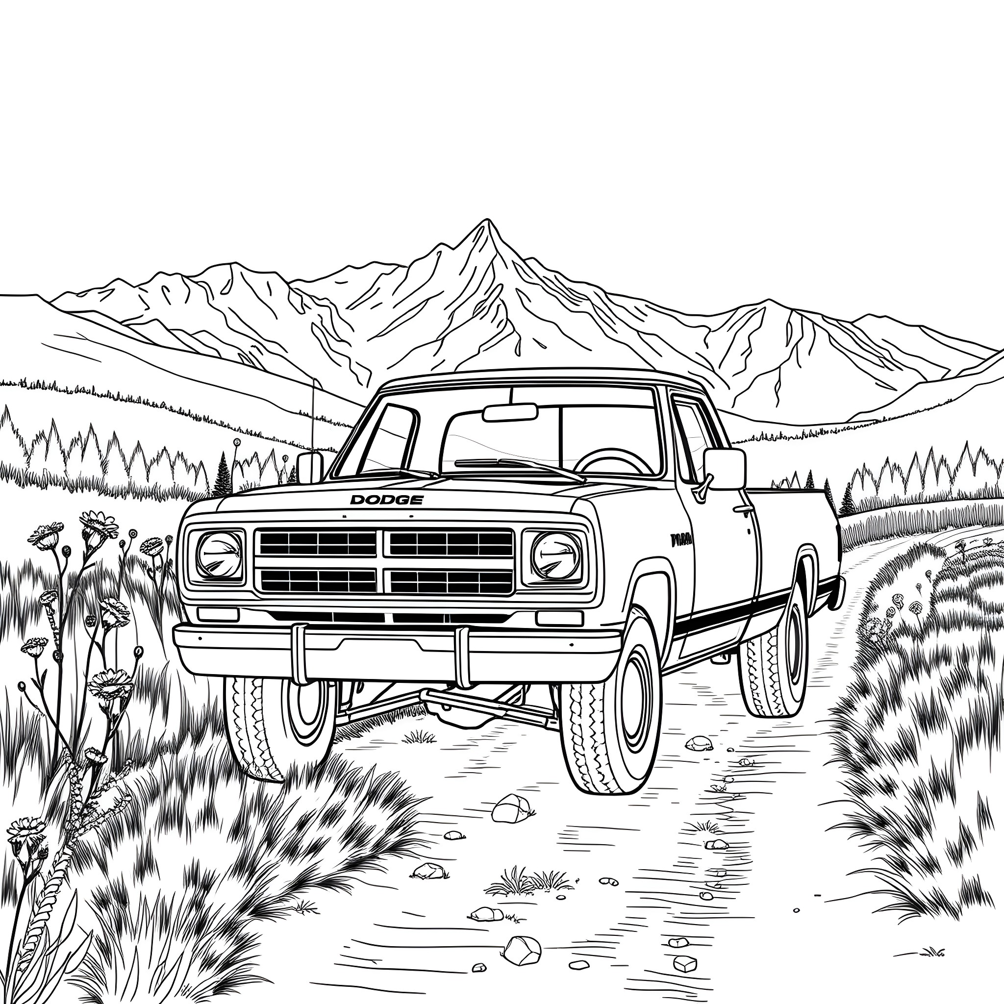 Dodge Pickup Traversing Rugged Terrain Coloring Page (free black-and-white line drawing printable PDF for all, from beginners to advanced learners, including children, teens, adults, and seniors)