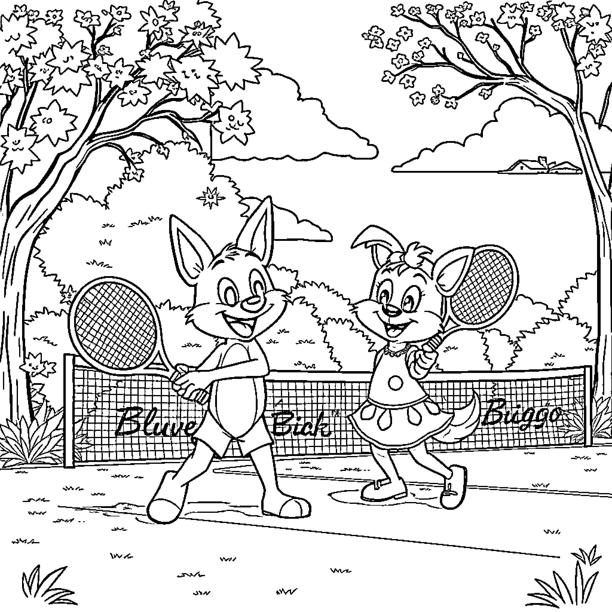 Bluey and Bingo playing tennis in the park Coloring Page (free black-and-white line drawing printable PDF for all, from beginners to advanced learners, including children, teens, adults, and seniors)