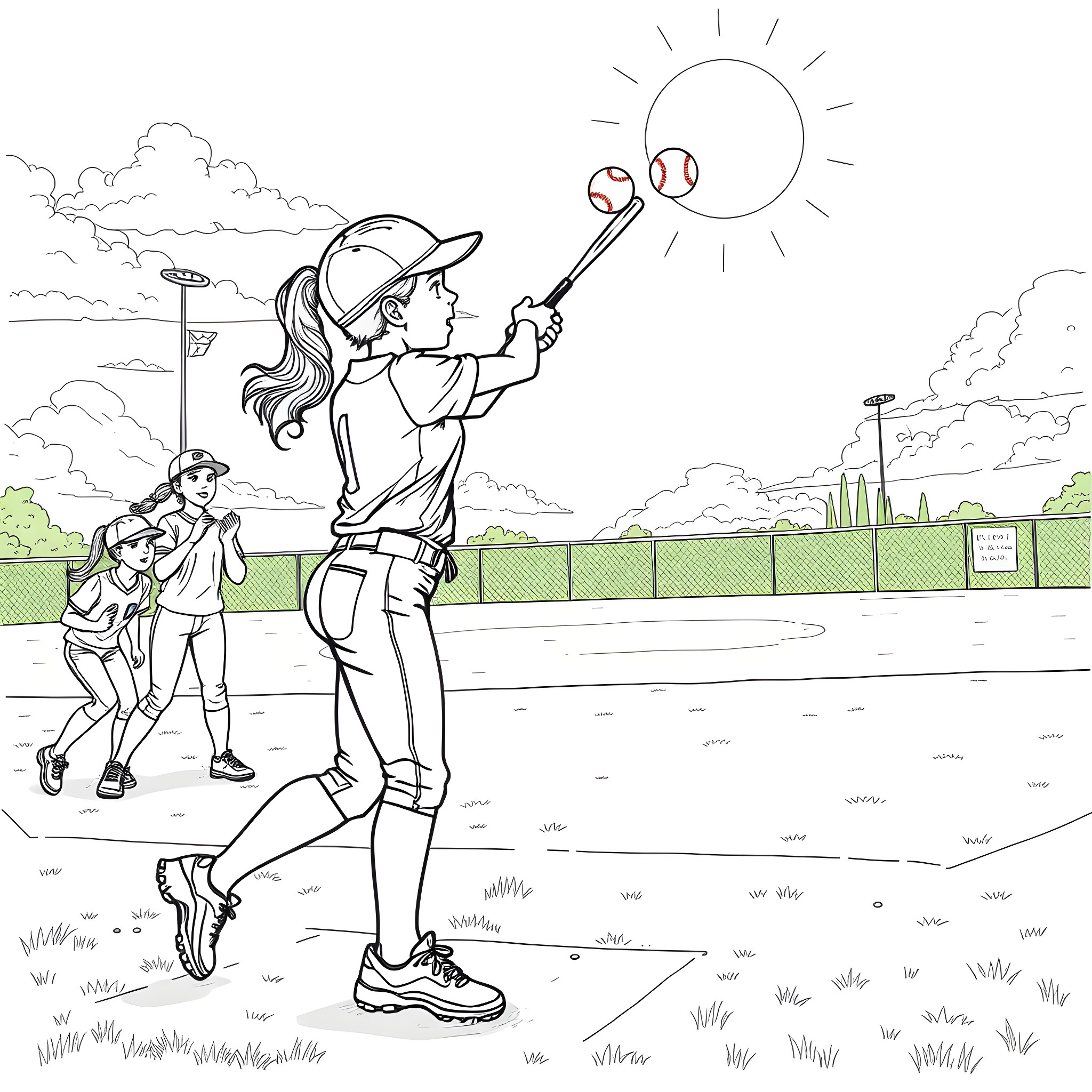 Softball players practicing batting on the field Coloring Page (free black-and-white line drawing printable PDF for all, from beginners to advanced learners, including children, teens, adults, and seniors)