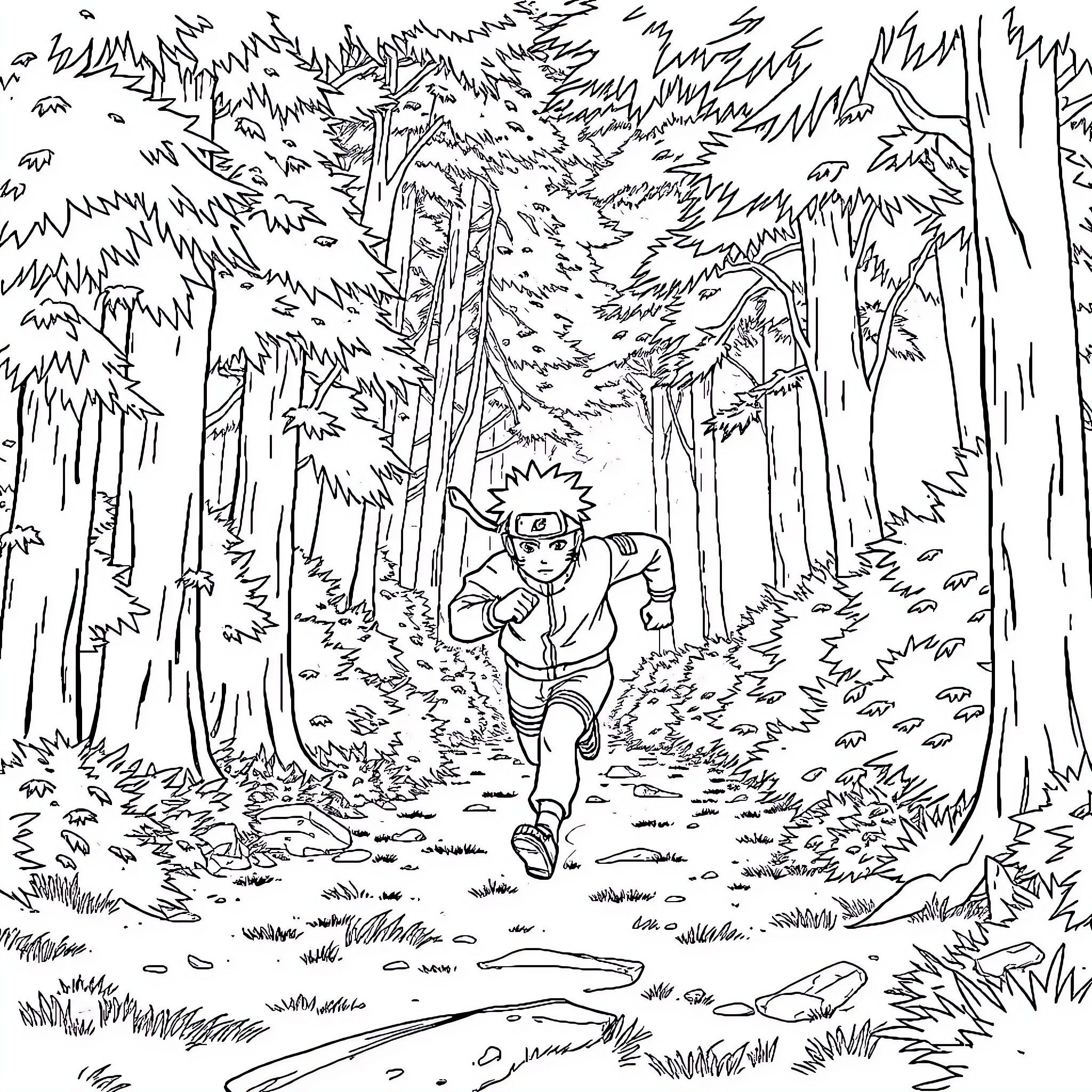 Naruto Running Through the Enchanted Forest Coloring Page (free black-and-white line drawing printable PDF for all, from beginners to advanced learners, including children, teens, adults, and seniors)