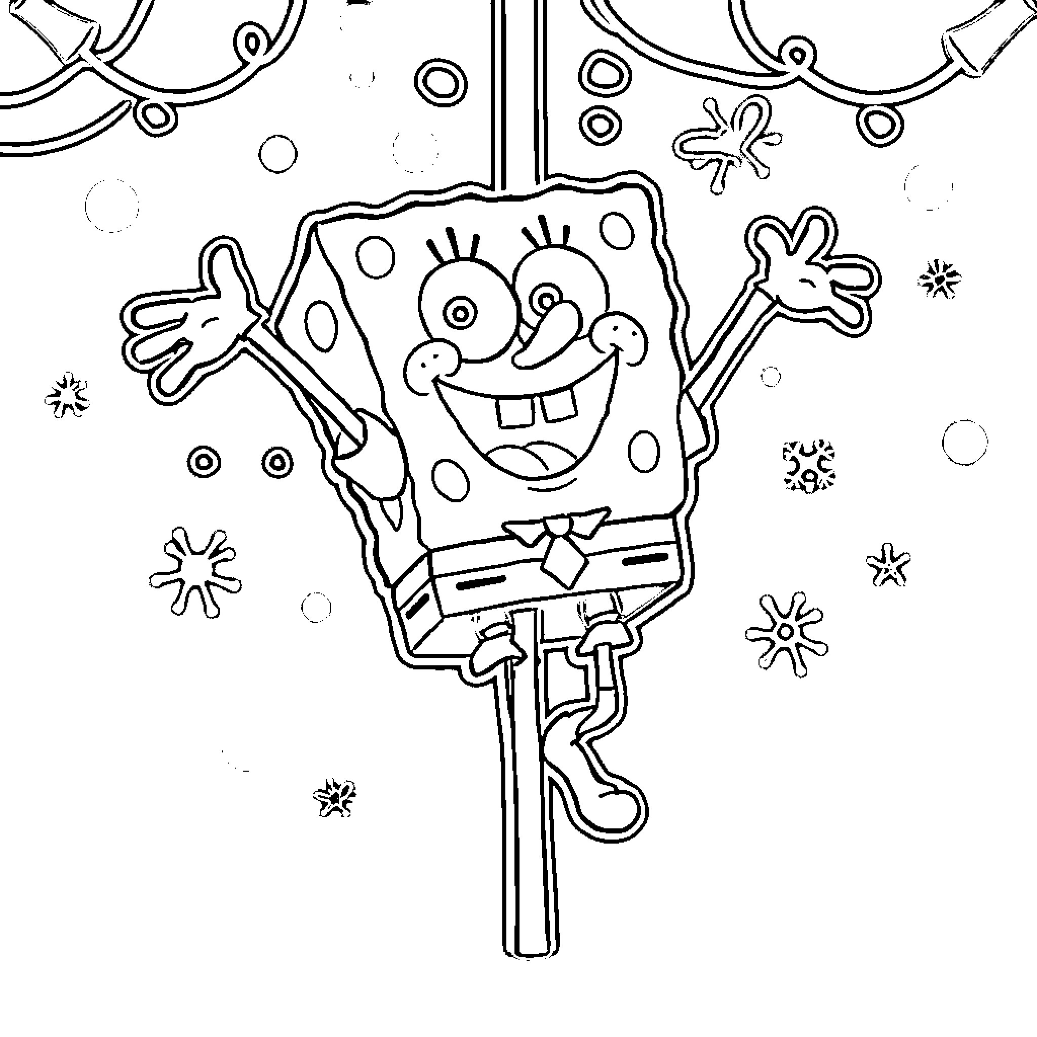 Spongebob Joyfully Jumping on Bubbles Coloring Page (free black-and-white line drawing printable PDF for all, from beginners to advanced learners, including children, teens, adults, and seniors)