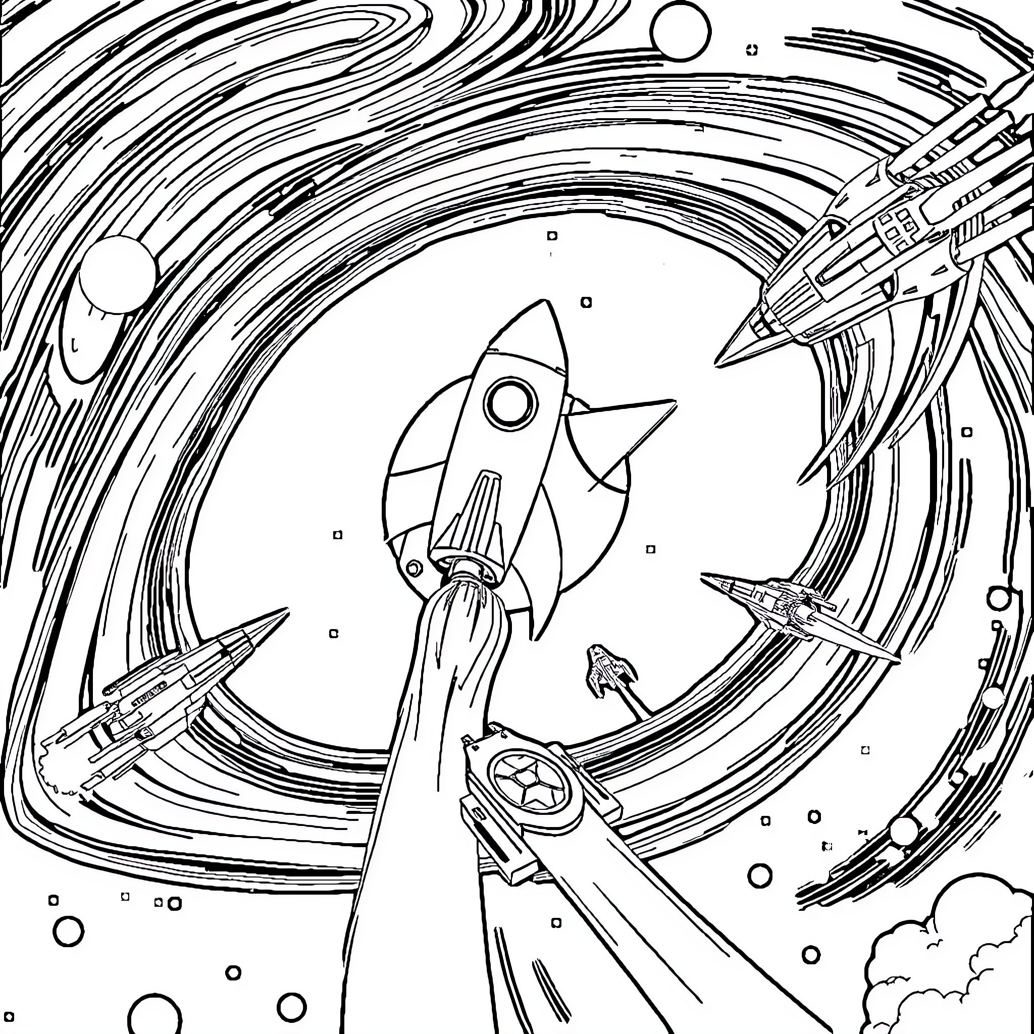Rocket Ship Blasting Off into Cosmic Swirls Coloring Page (free black-and-white line drawing printable PDF for all, from beginners to advanced learners, including children, teens, adults, and seniors)