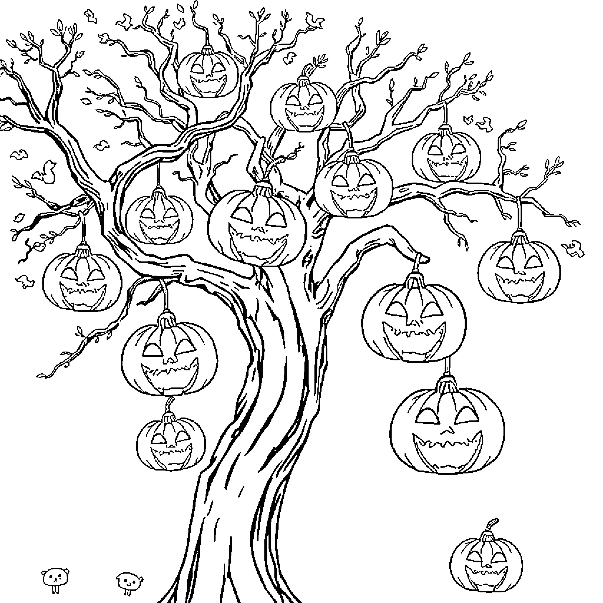 Jack-o'-lanterns hanging from a spooky tree Coloring Page (free black-and-white line drawing printable PDF for all, from beginners to advanced learners, including children, teens, adults, and seniors)