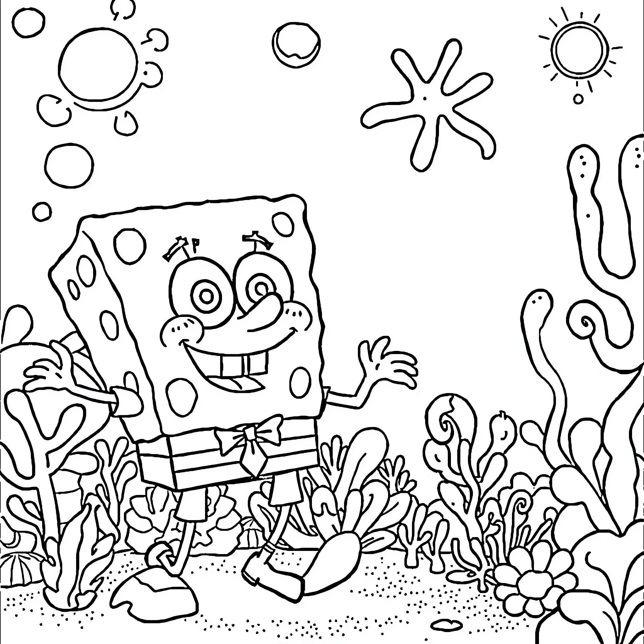 Rumi's Underwater Adventure with Whimsical Creatures Coloring Page (free black-and-white line drawing printable PDF for all, from beginners to advanced learners, including children, teens, adults, and seniors)