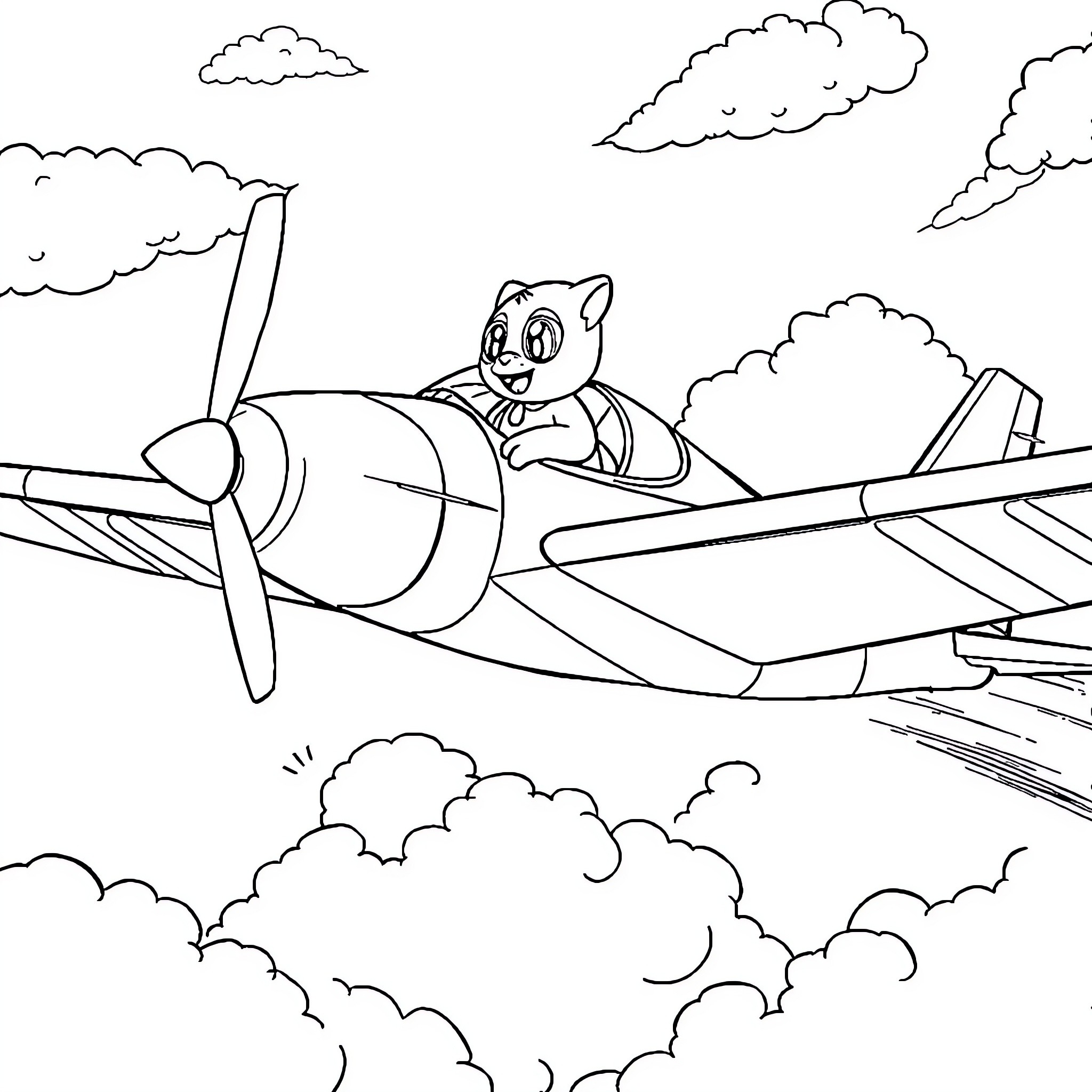 Paw Patrol character flying in propeller plane Coloring Page (free black-and-white line drawing printable PDF for all, from beginners to advanced learners, including children, teens, adults, and seniors)