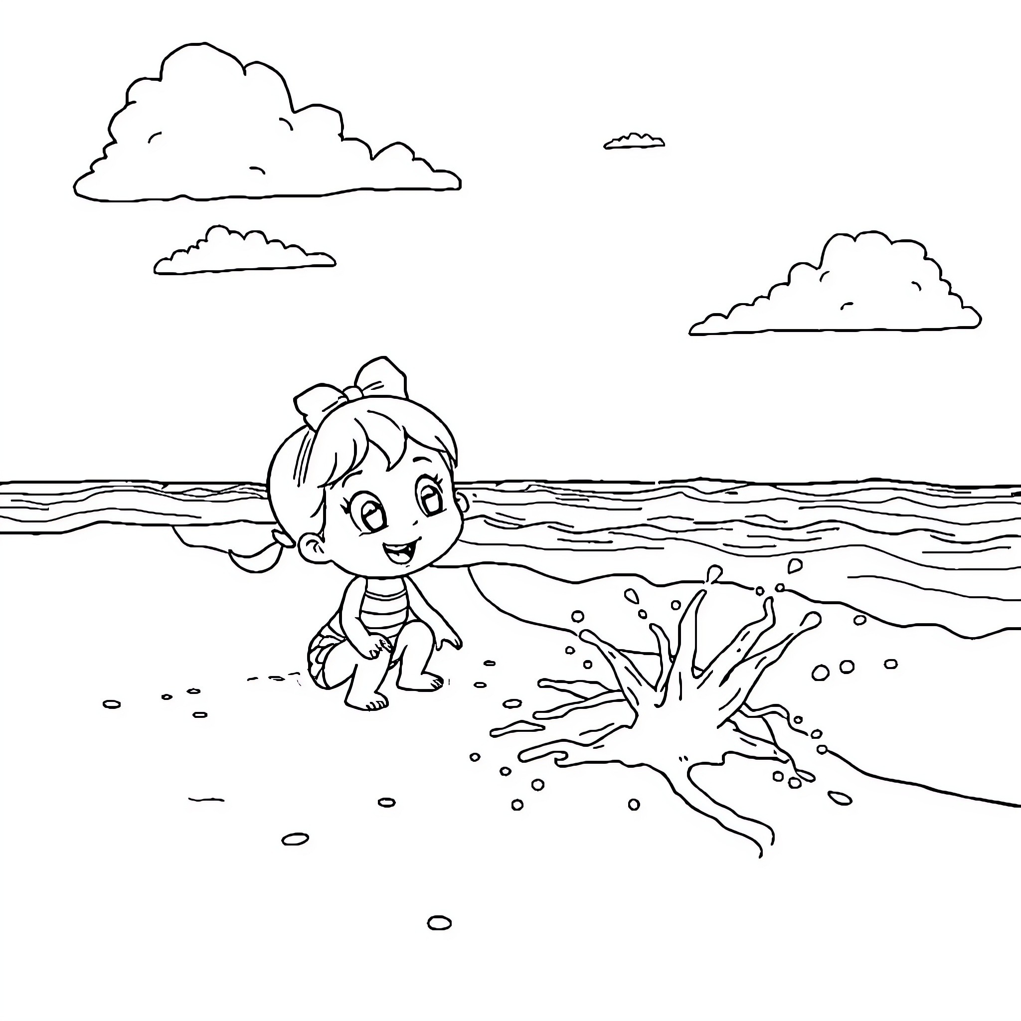 Boo-boo playing happily by the beach Coloring Page (free black-and-white line drawing printable PDF for all, from beginners to advanced learners, including children, teens, adults, and seniors)