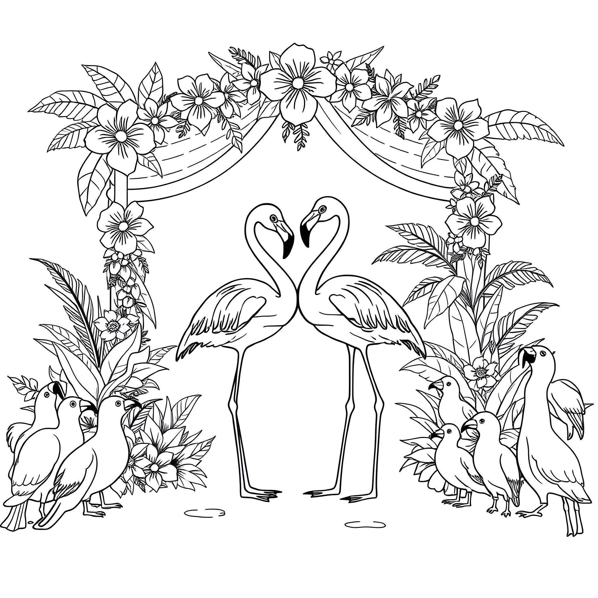 Flamingo couple surrounded by tropical flowers and birds Coloring Page (free black-and-white line drawing printable PDF for all, from beginners to advanced learners, including children, teens, adults, and seniors)