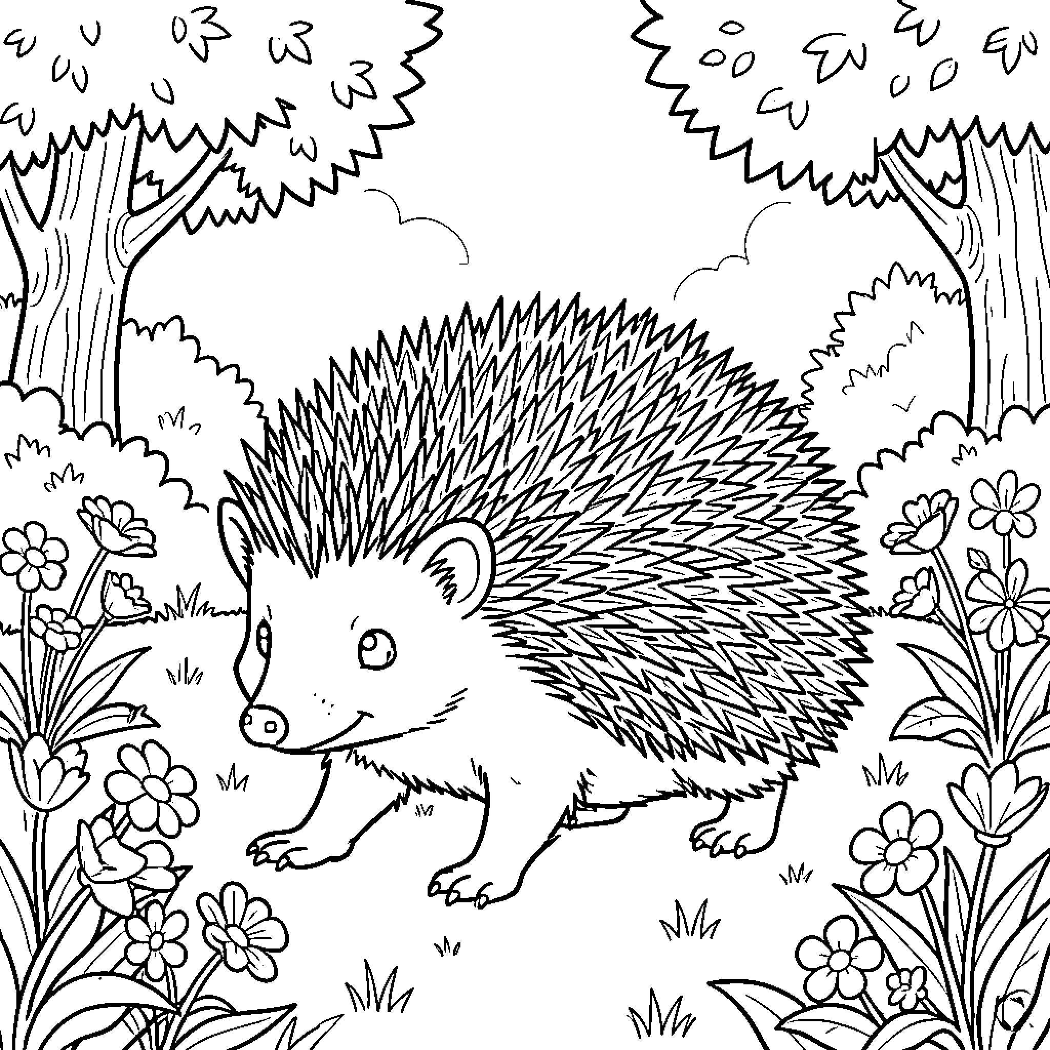 Hedgehog walking through a garden of flowers Coloring Page (free black-and-white line drawing printable PDF for all, from beginners to advanced learners, including children, teens, adults, and seniors)