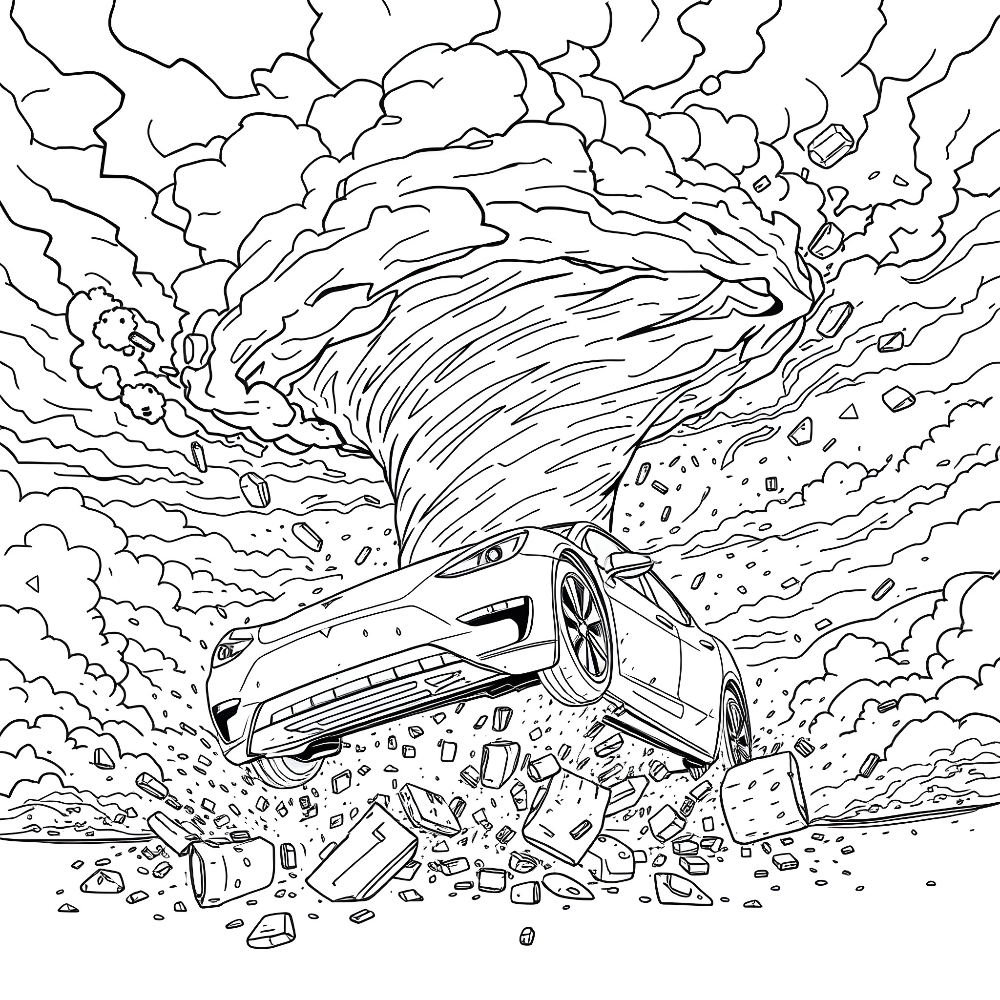 Tesla car speeding through a destructive tornado Coloring Page (free black-and-white line drawing printable PDF for all, from beginners to advanced learners, including children, teens, adults, and seniors)