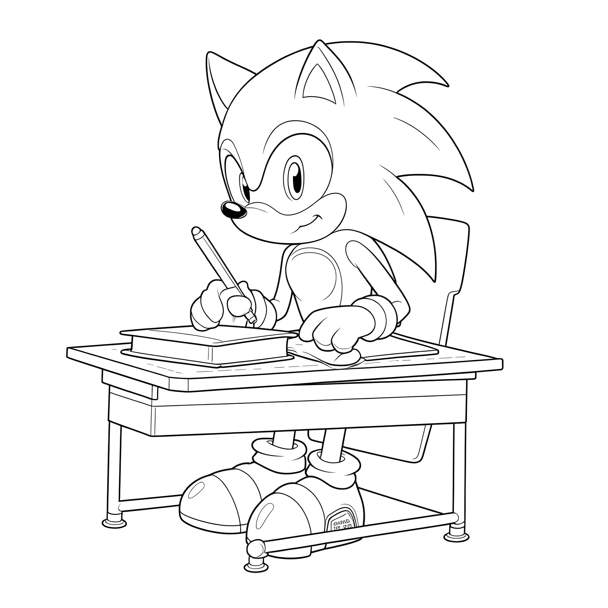 Sonic studying and writing at a desk Coloring Page (free black-and-white line drawing printable PDF for all, from beginners to advanced learners, including children, teens, adults, and seniors)