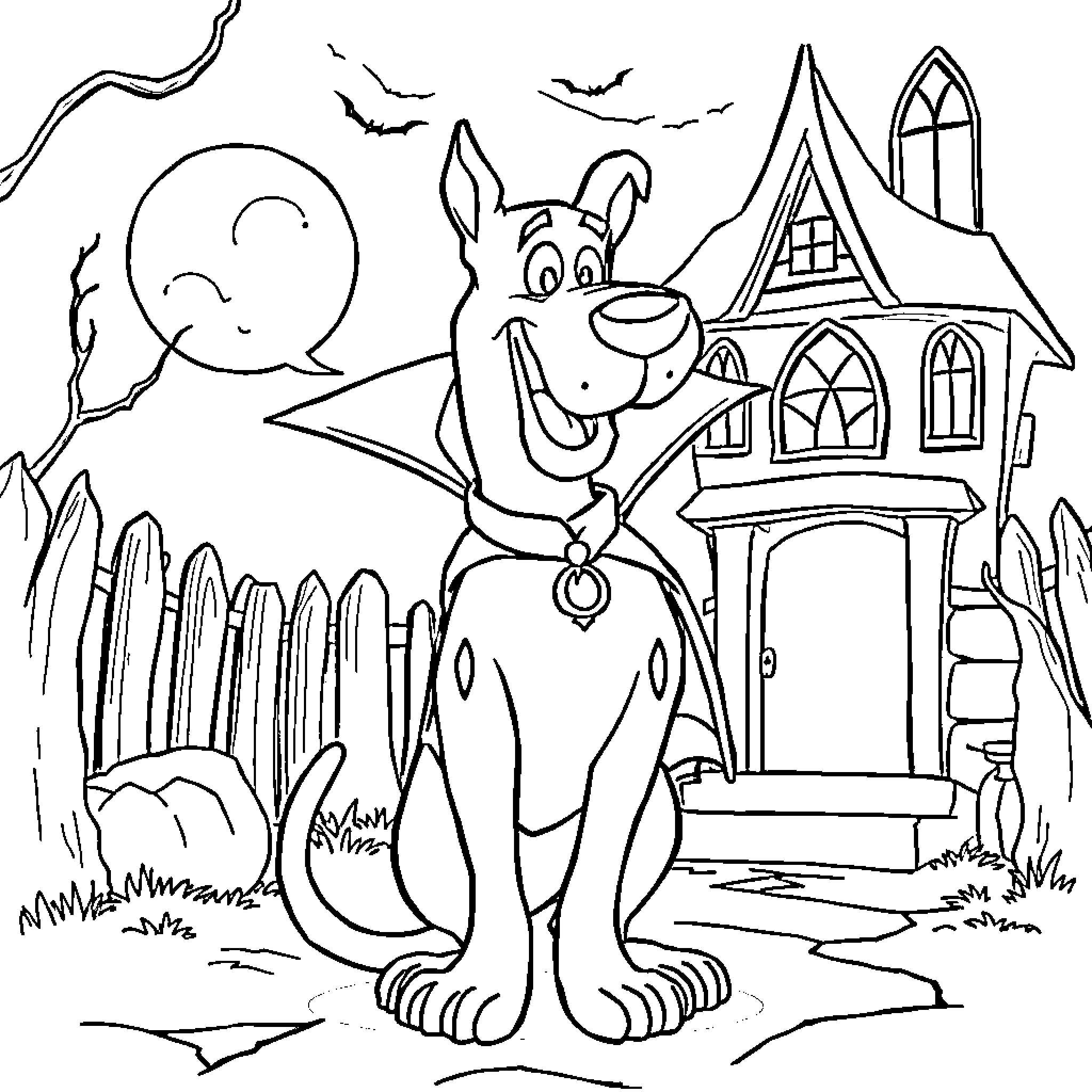 Vampire Rabbit guarding spooky haunted house Coloring Page (free black-and-white line drawing printable PDF for all, from beginners to advanced learners, including children, teens, adults, and seniors)