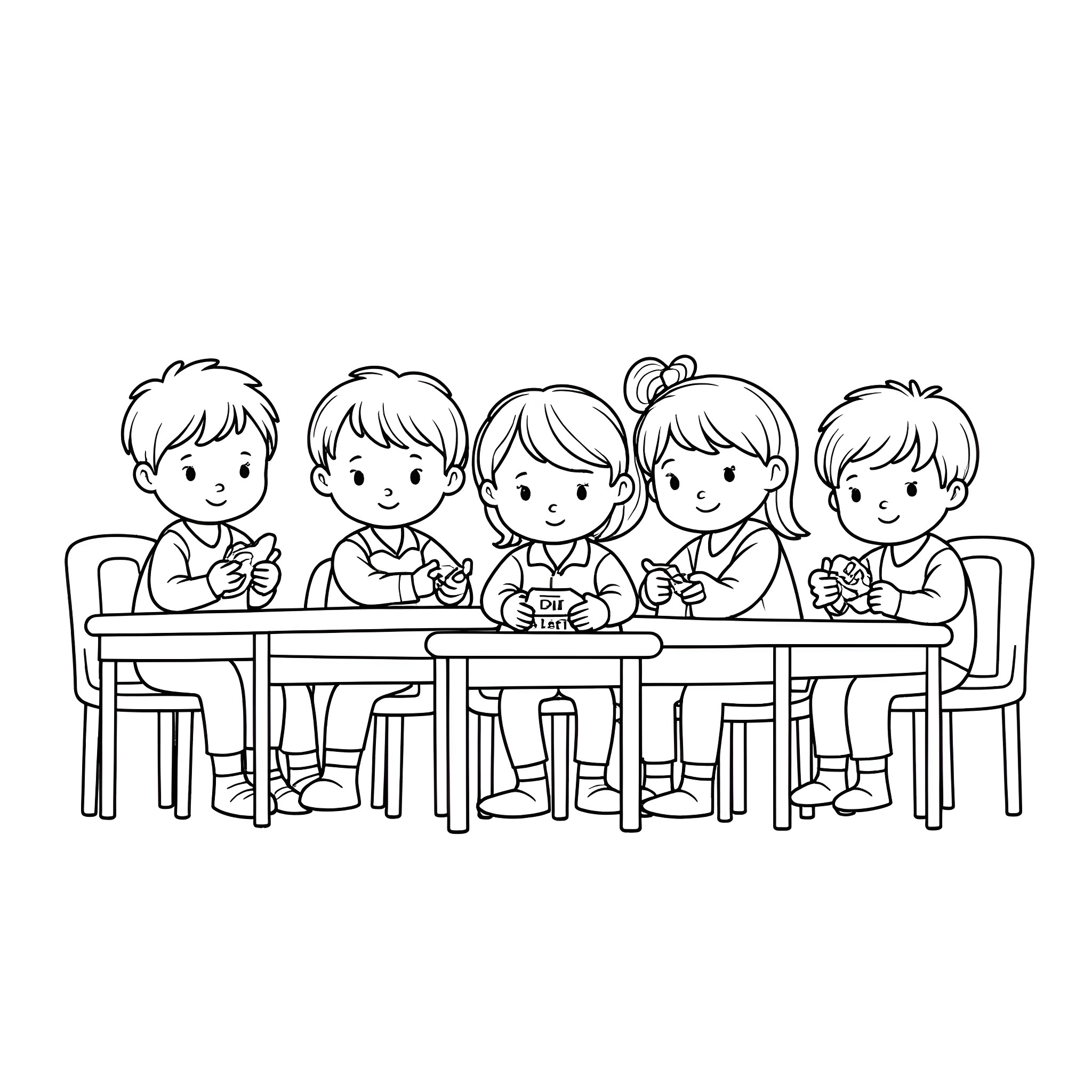 Classroom of happy students learning together Coloring Page (free black-and-white line drawing printable PDF for all, from beginners to advanced learners, including children, teens, adults, and seniors)
