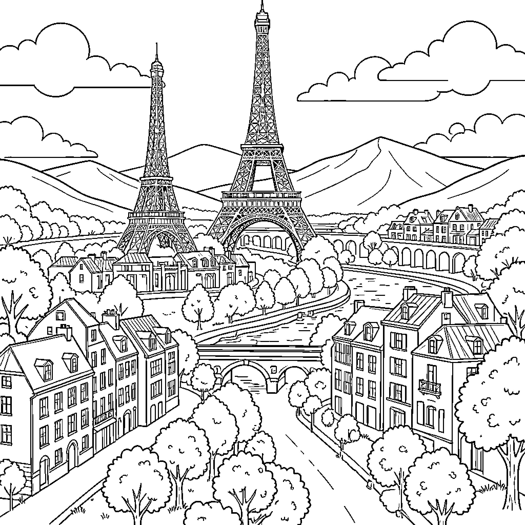 Beauty of the Eiffel Tower overlooking a river city Coloring Page (free black-and-white line drawing printable PDF for all, from beginners to advanced learners, including children, teens, adults, and seniors)