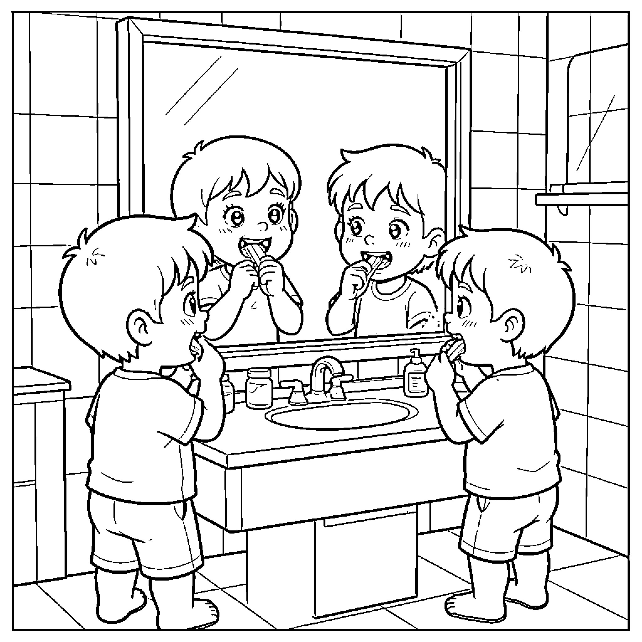 Child playing and brushing teeth in the bathroom Coloring Page (free black-and-white line drawing printable PDF for all, from beginners to advanced learners, including children, teens, adults, and seniors)