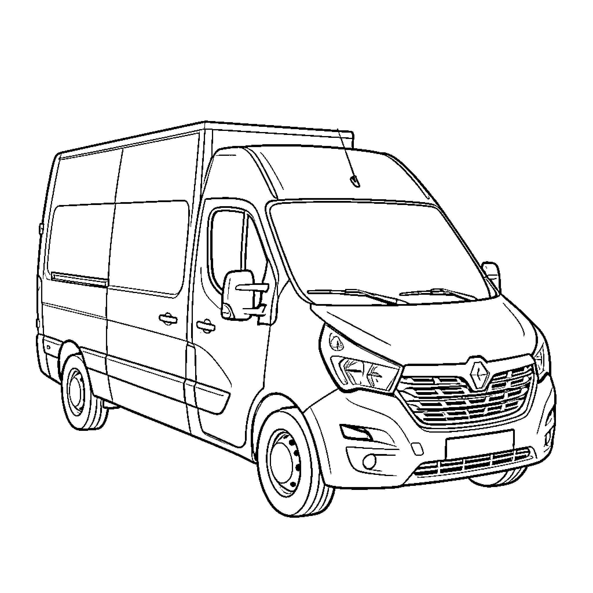 Renault Master van in line art illustration Coloring Page (free black-and-white line drawing printable PDF for all, from beginners to advanced learners, including children, teens, adults, and seniors)