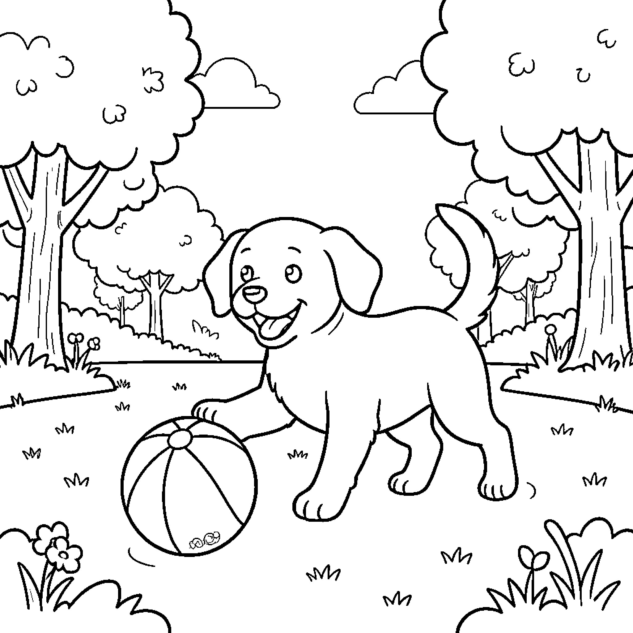 Dog playing happily with ball in park Coloring Page (free black-and-white line drawing printable PDF for all, from beginners to advanced learners, including children, teens, adults, and seniors)