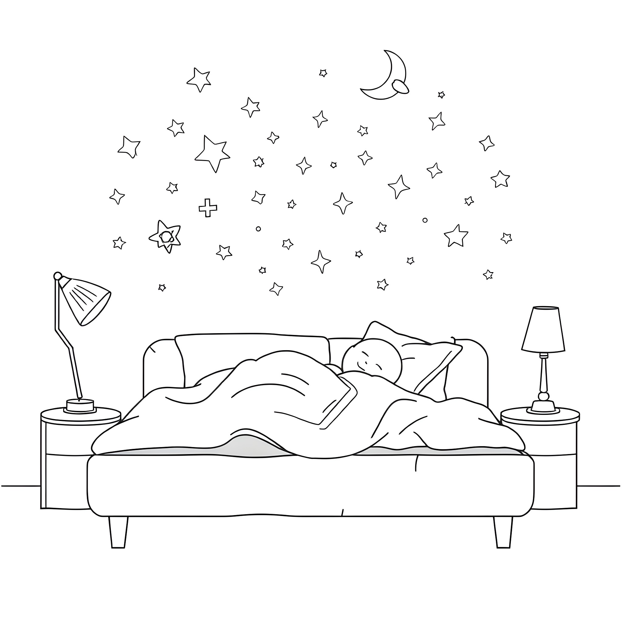 Brain dreaming of stars and moon in bed Coloring Page (free black-and-white line drawing printable PDF for all, from beginners to advanced learners, including children, teens, adults, and seniors)