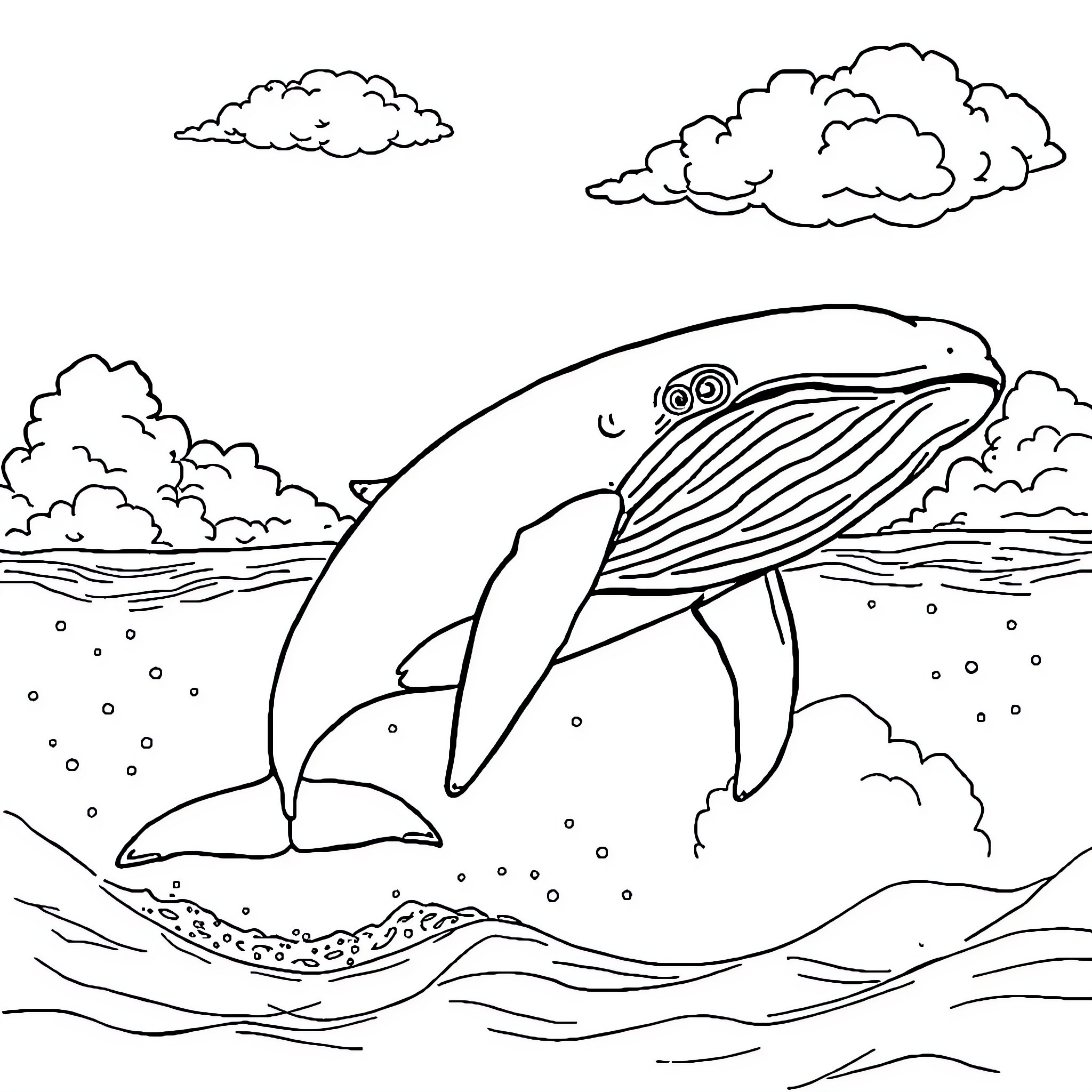 Whale surfacing above the waves Coloring Page (free black-and-white line drawing printable PDF for all, from beginners to advanced learners, including children, teens, adults, and seniors)