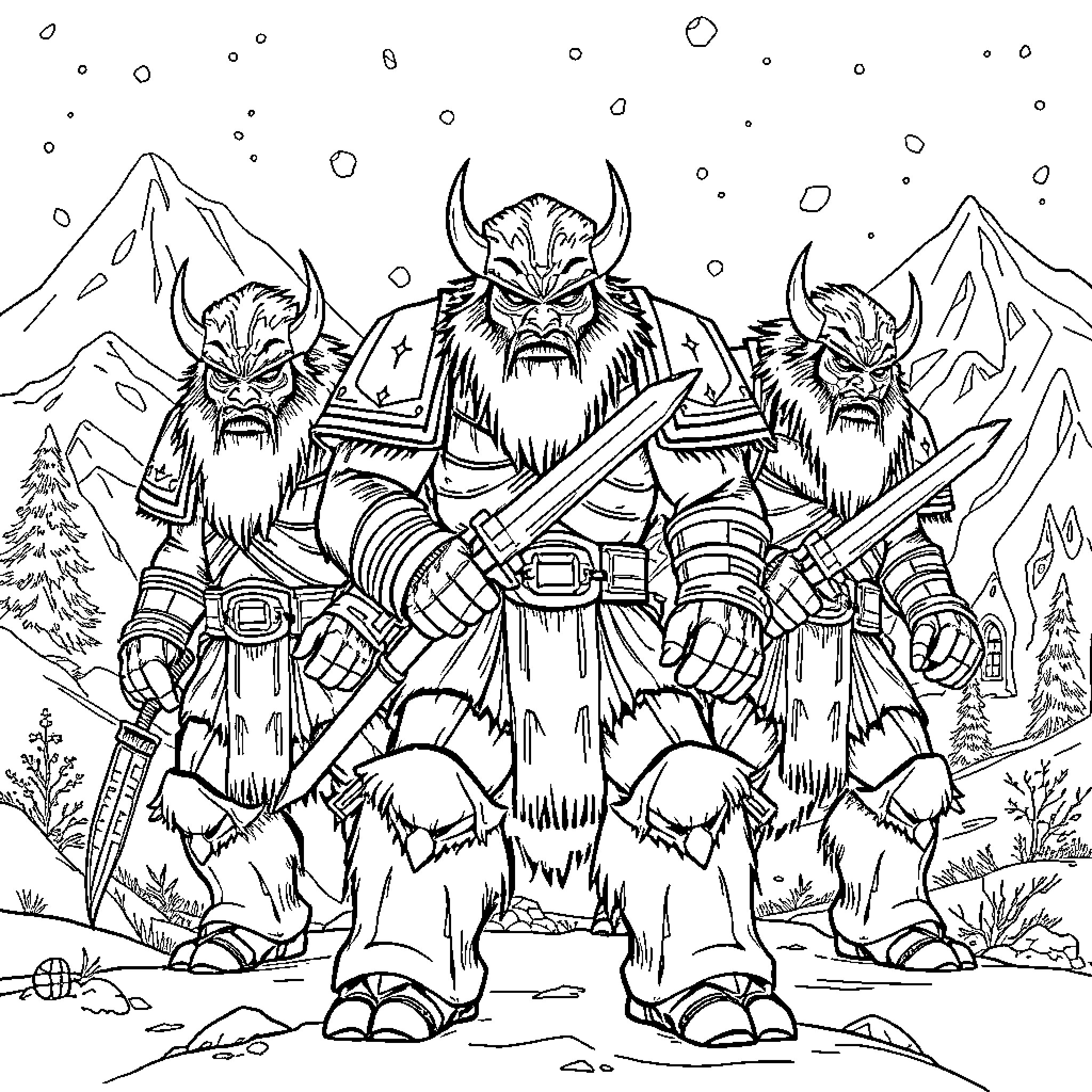 Spacewolf warriors in a snowy mountain landscape Coloring Page (free black-and-white line drawing printable PDF for all, from beginners to advanced learners, including children, teens, adults, and seniors)