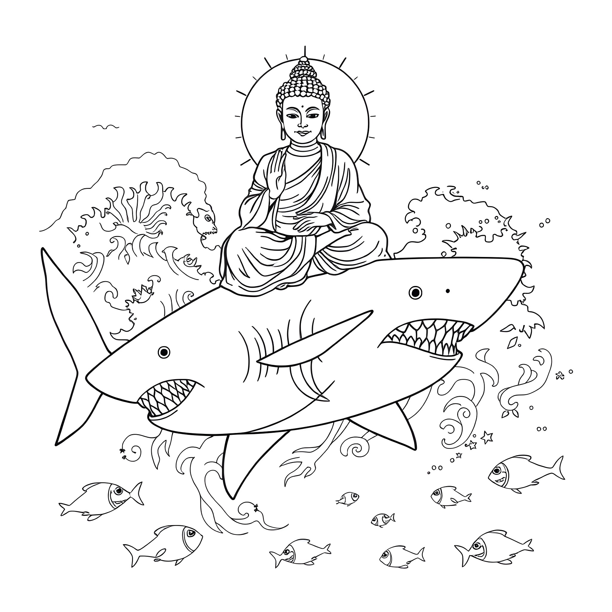 Buddha seated peacefully amidst nature's wonders Coloring Page (free black-and-white line drawing printable PDF for all, from beginners to advanced learners, including children, teens, adults, and seniors)