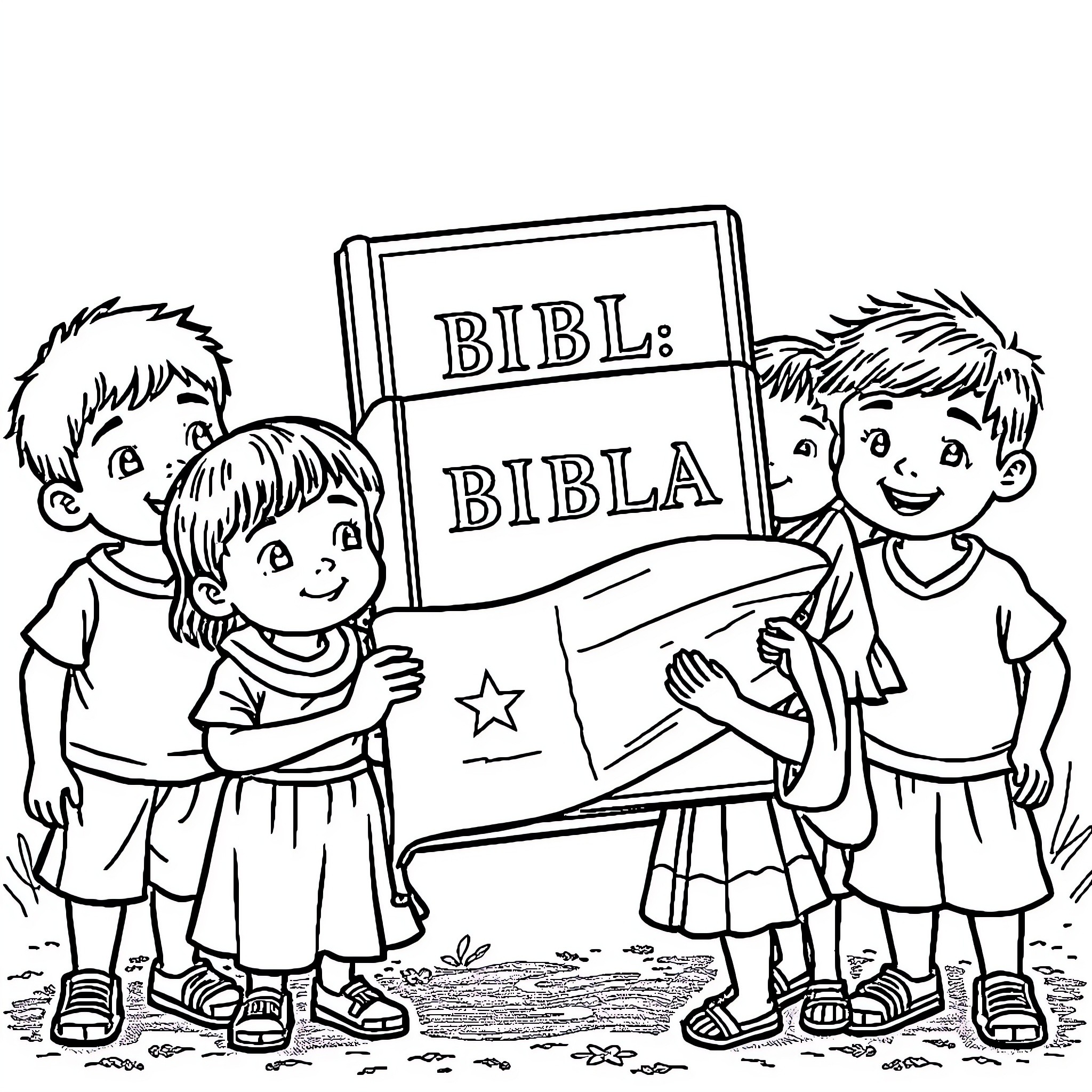 Biblia: Children with Bible storybook Coloring Page (free black-and-white line drawing printable PDF for all, from beginners to advanced learners, including children, teens, adults, and seniors)