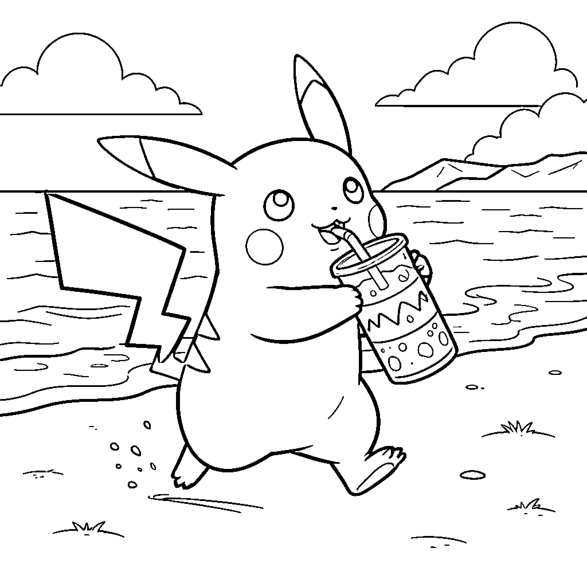 Pikachu drinking a refreshing beverage at the beach Coloring Page (free black-and-white line drawing printable PDF for all, from beginners to advanced learners, including children, teens, adults, and seniors)