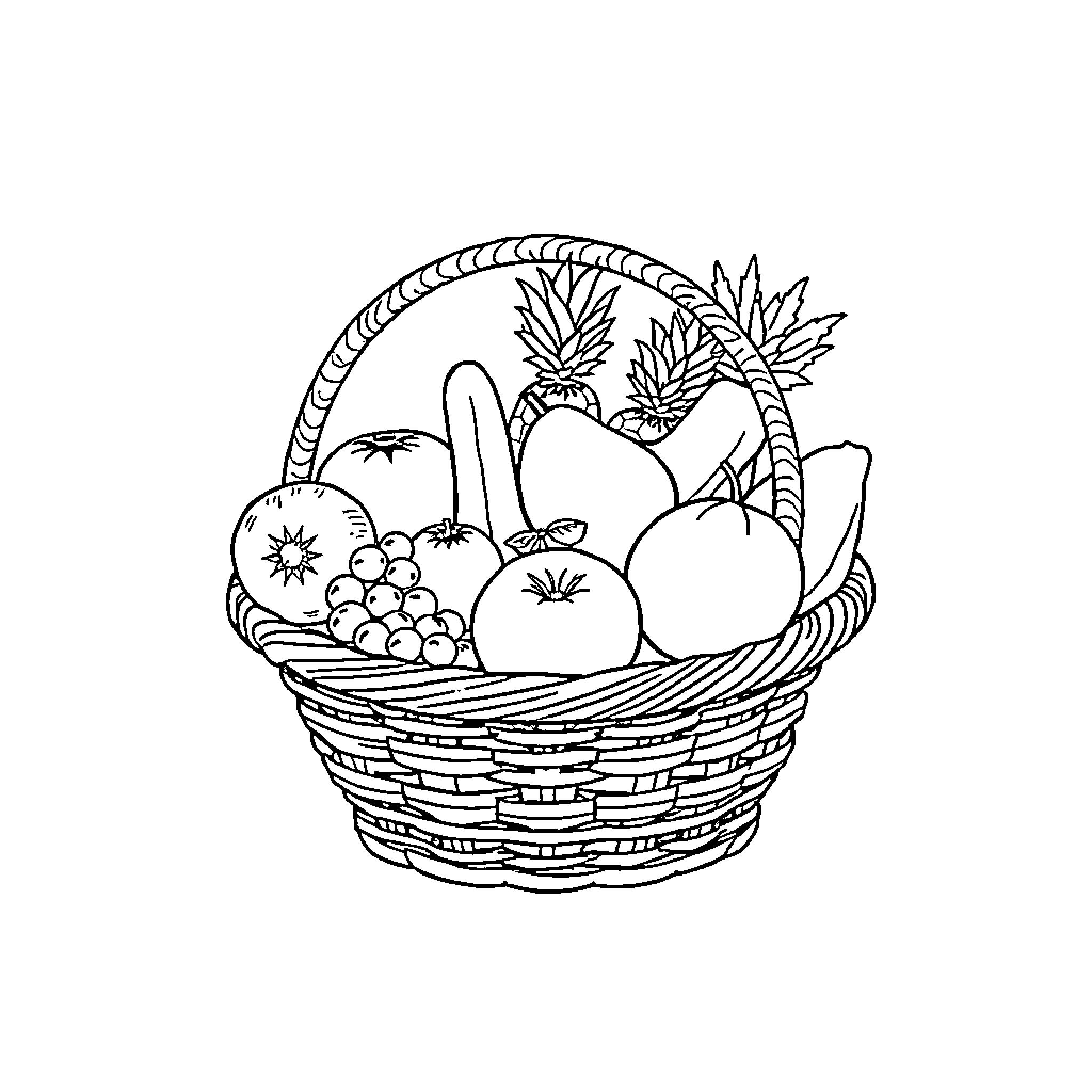 Fruit Basket Filled with Various Produce Coloring Page (free black-and-white line drawing printable PDF for all, from beginners to advanced learners, including children, teens, adults, and seniors)