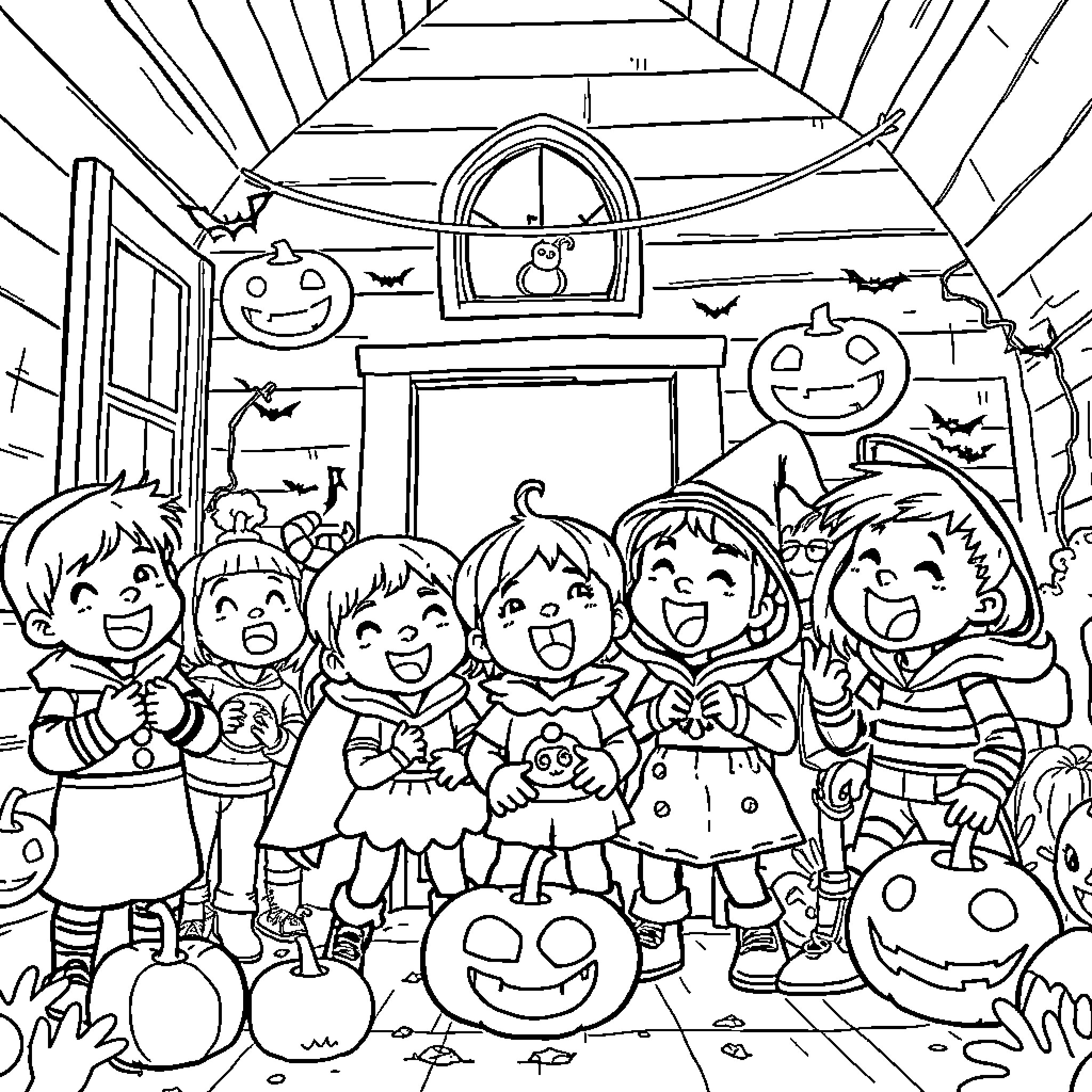 House of children celebrating Halloween Coloring Page (free black-and-white line drawing printable PDF for all, from beginners to advanced learners, including children, teens, adults, and seniors)