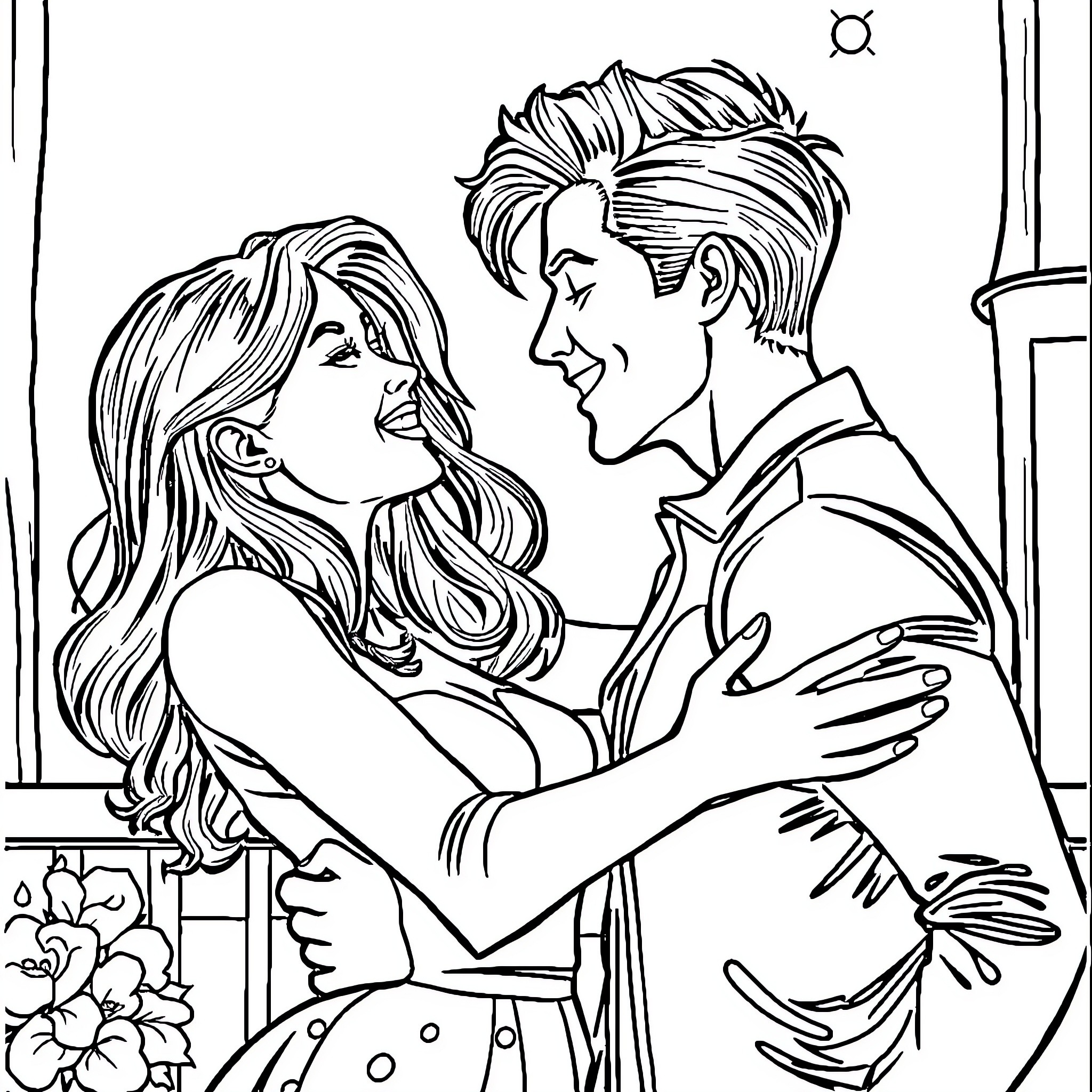 Woman and man embracing affectionately in romantic setting Coloring Page (free black-and-white line drawing printable PDF for all, from beginners to advanced learners, including children, teens, adults, and seniors)