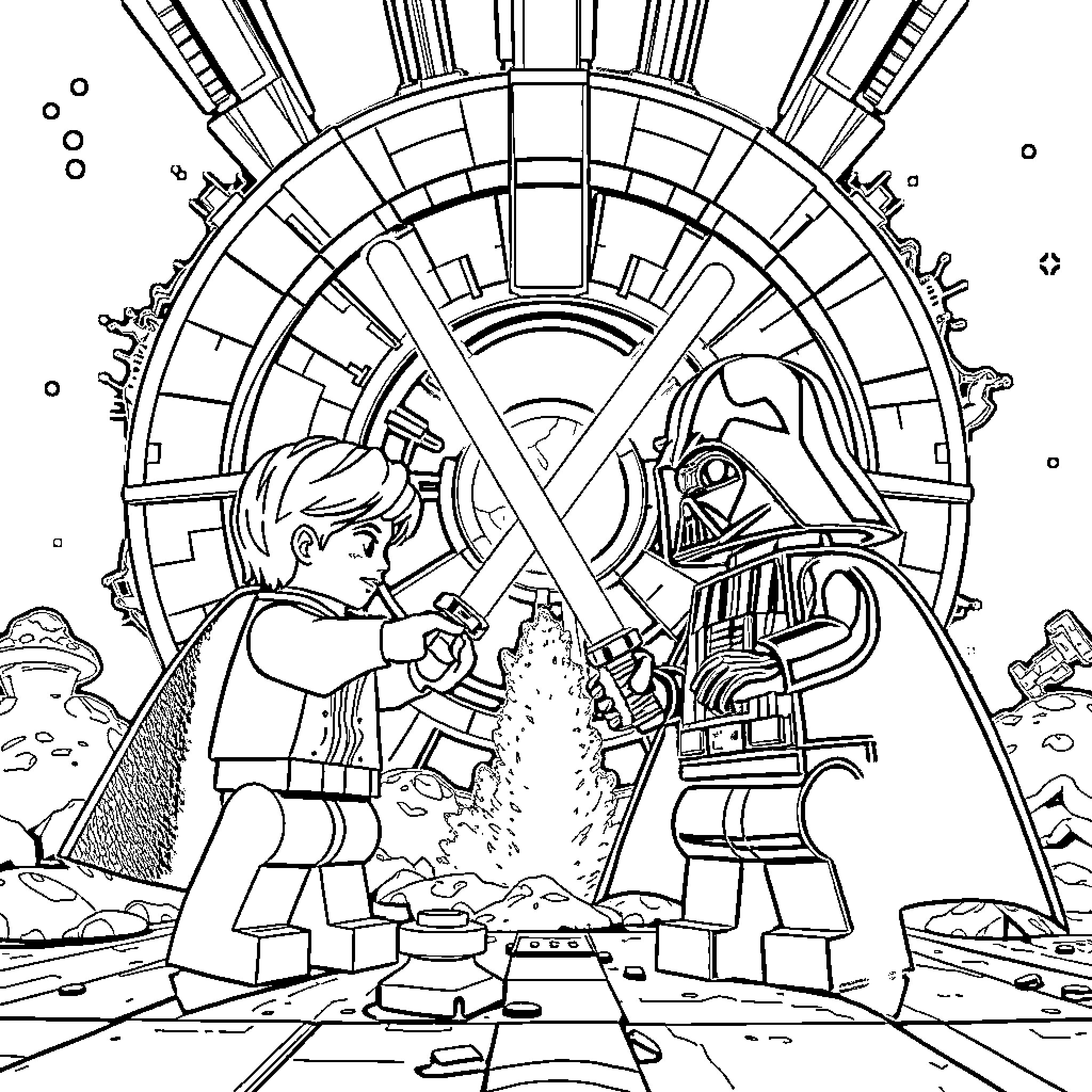 Lego characters battle against the Death Star Coloring Page (free black-and-white line drawing printable PDF for all, from beginners to advanced learners, including children, teens, adults, and seniors)