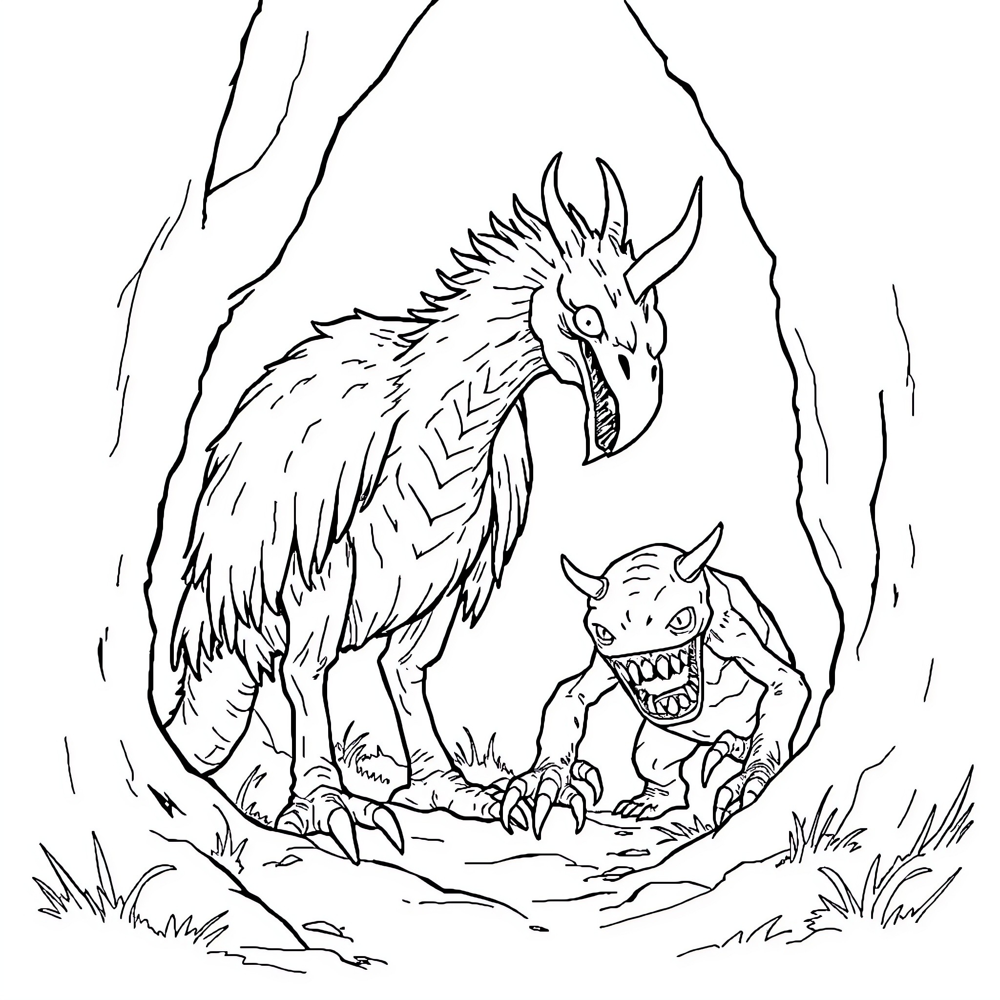 Animal creatures in a cave Coloring Page (free black-and-white line drawing printable PDF for all, from beginners to advanced learners, including children, teens, adults, and seniors)