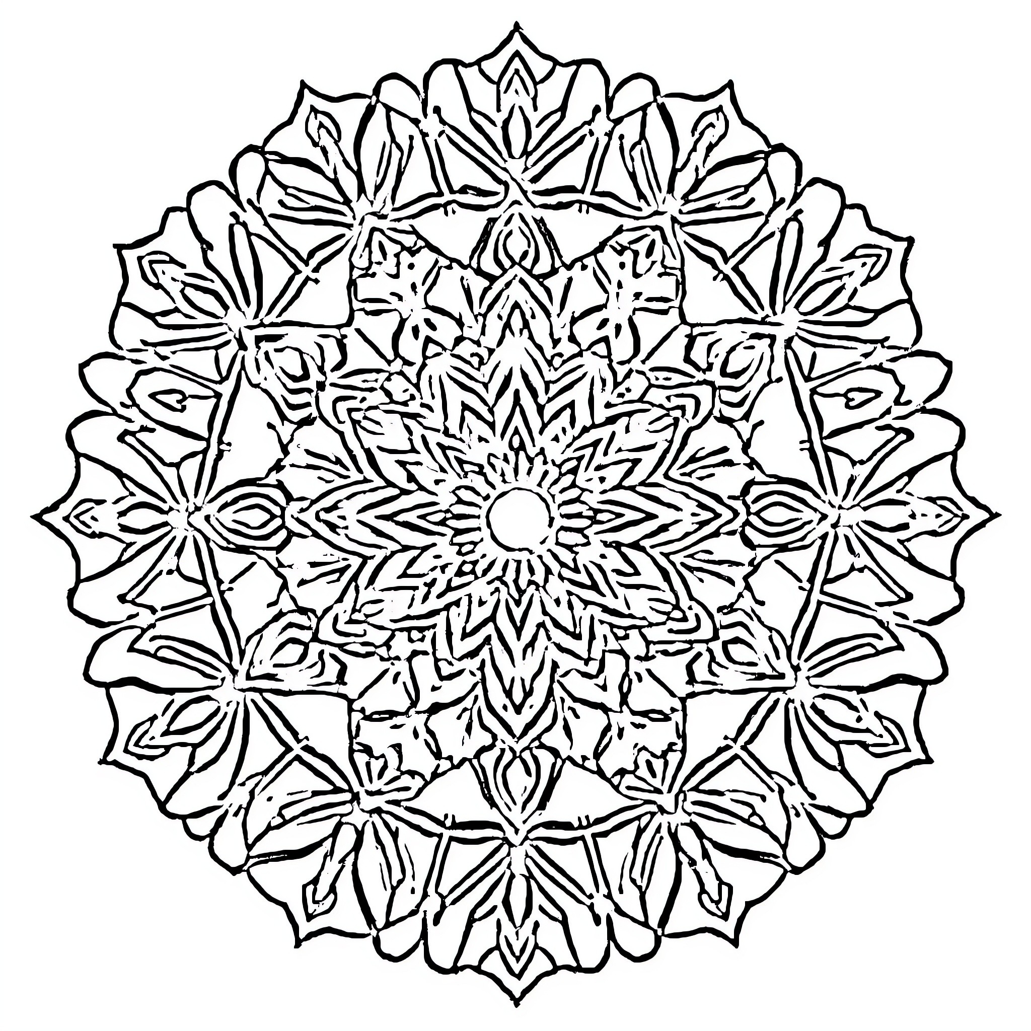 Mandala of intricate floral patterns Coloring Page (free black-and-white line drawing printable PDF for all, from beginners to advanced learners, including children, teens, adults, and seniors)