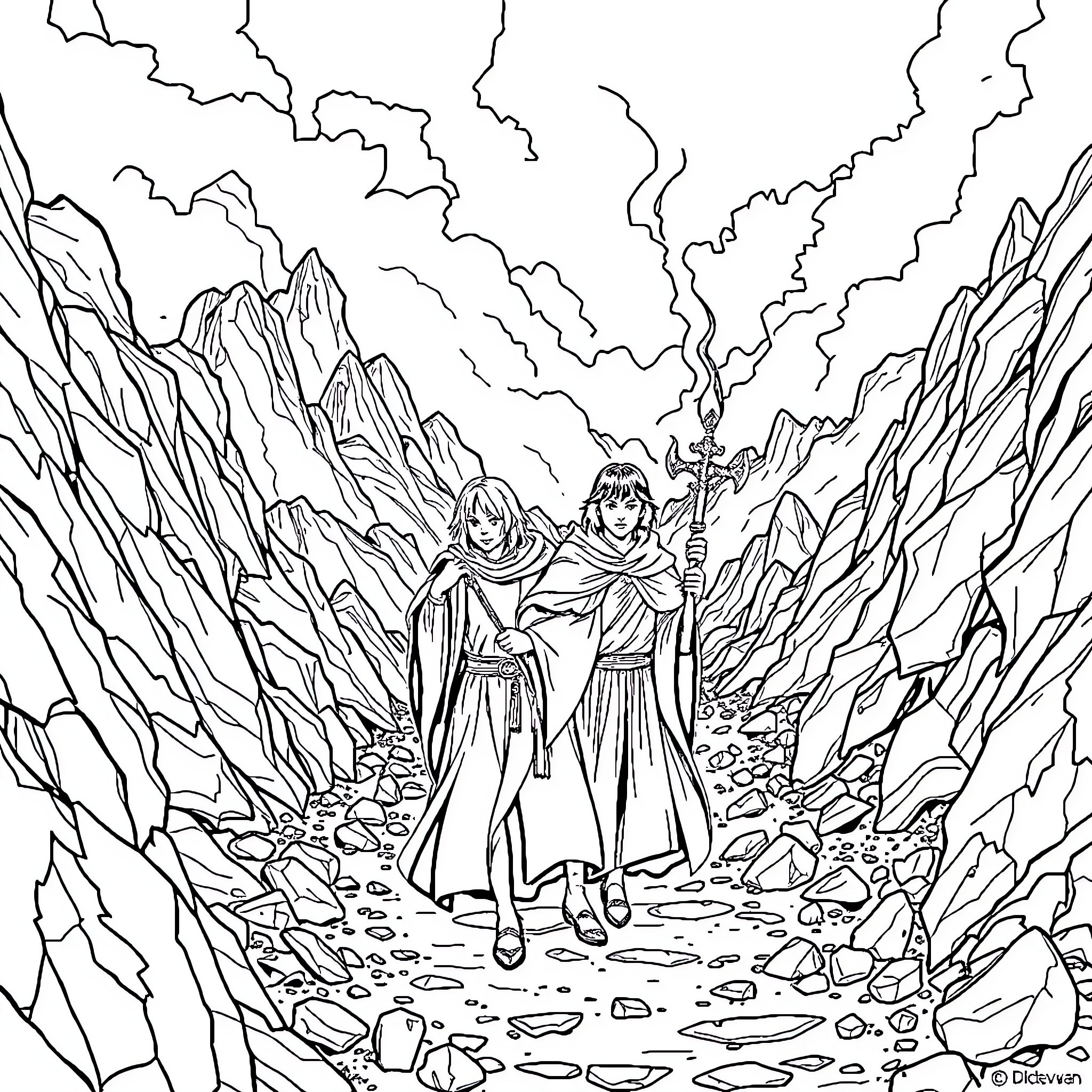 Frodo and Sam's journey through the treacherous mountains Coloring Page (free black-and-white line drawing printable PDF for all, from beginners to advanced learners, including children, teens, adults, and seniors)